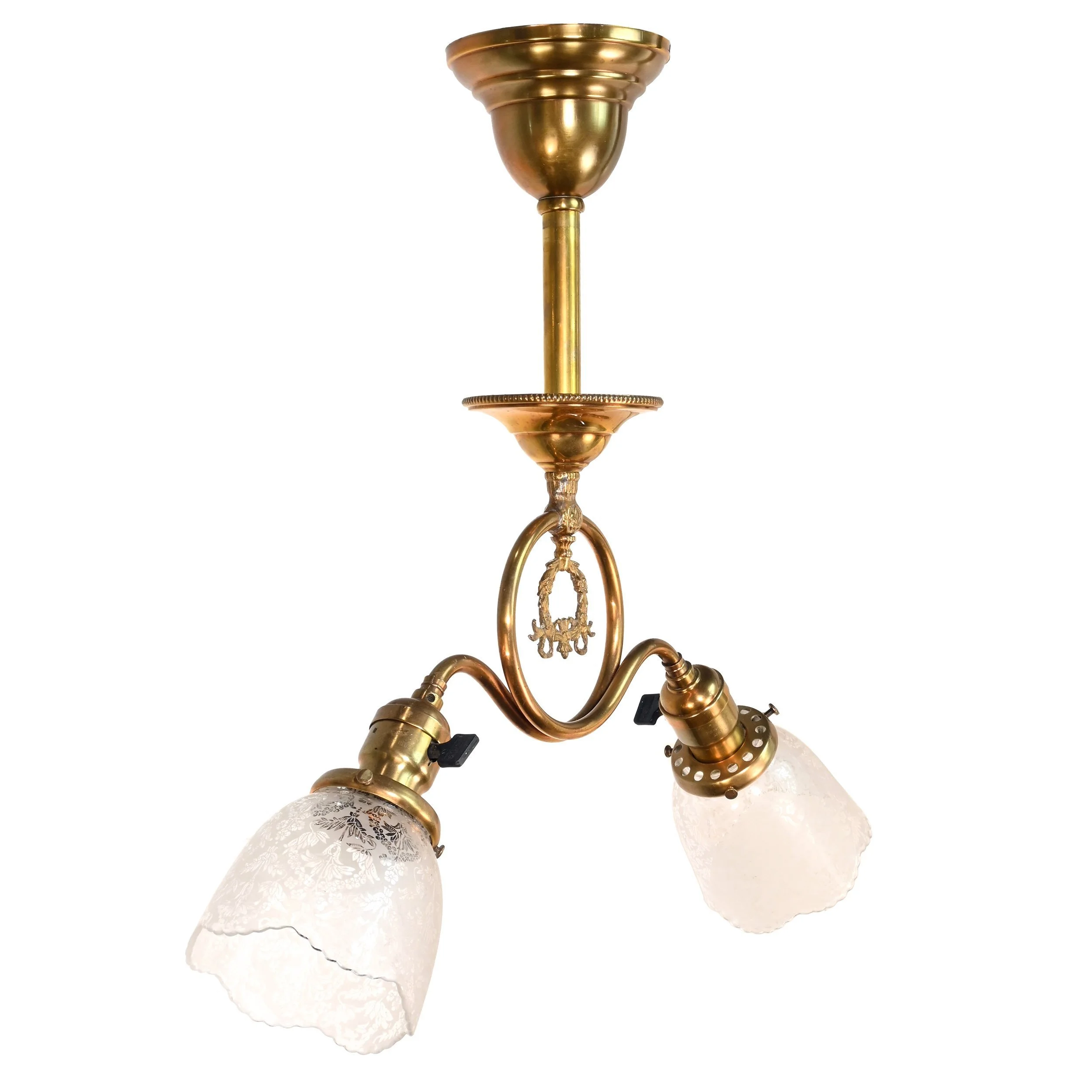 62928+early+electric+brass+loop+two+arm+pendant+with+wreath+and+etched+glass+shades+2.jpg