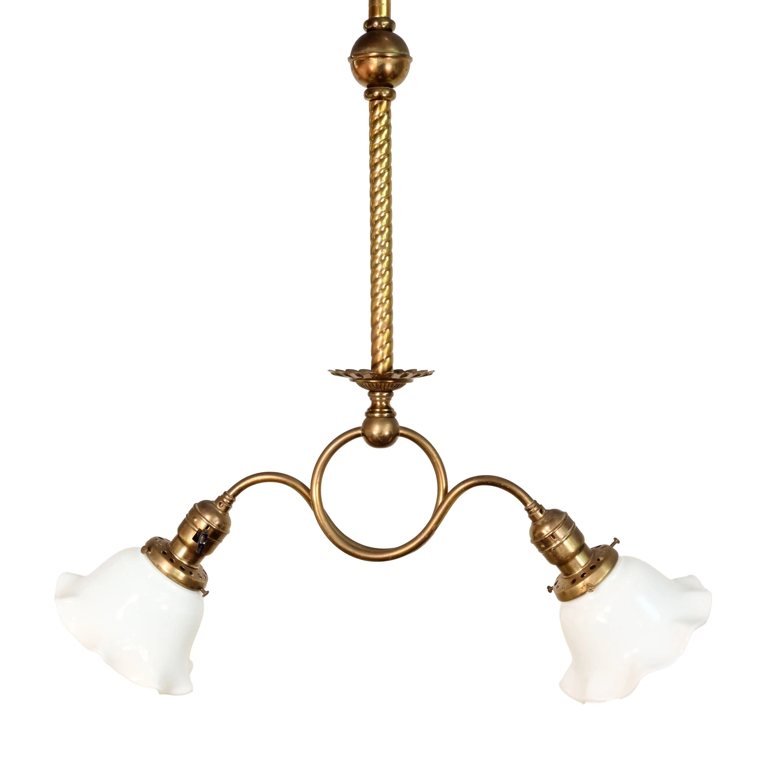 62912+early+electric+two+arm+brass+loop+pendant+with+roped+tubing+and+milk+glass+shades+1.jpg