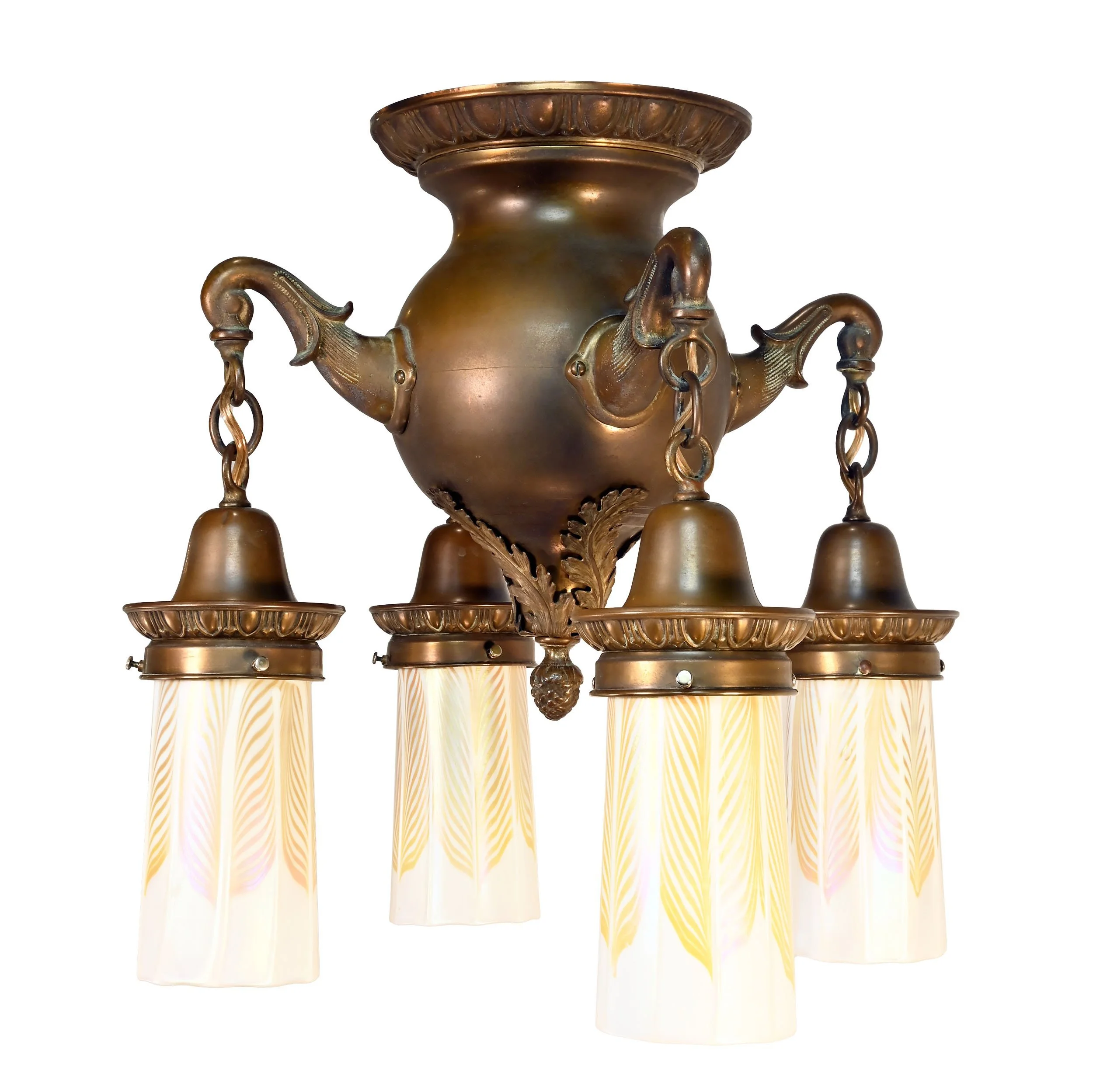 62914+brass+beaux+arts+four+arm+flushmount+with+gold+pulled+feather+quezal+shades+1.jpg