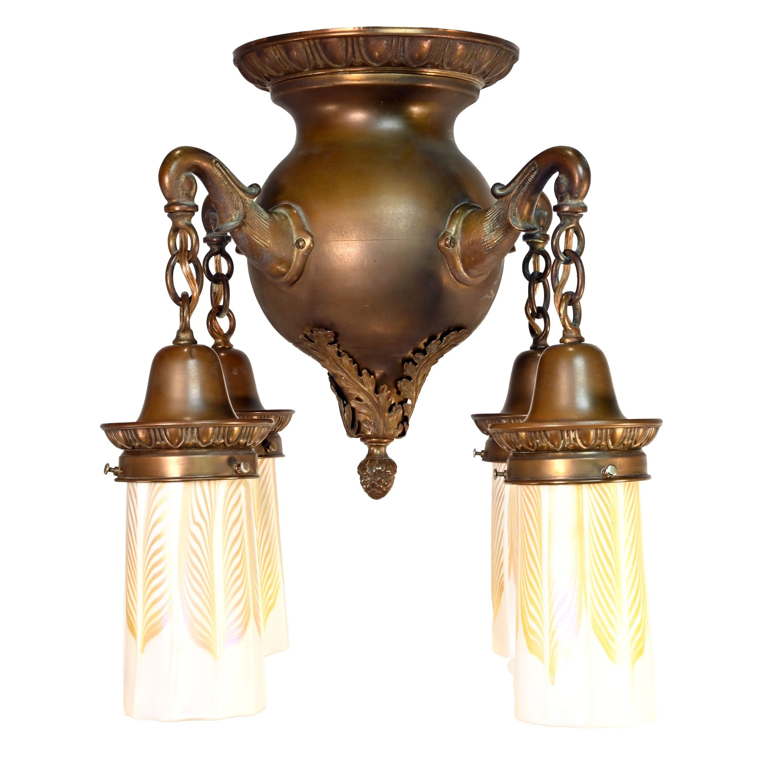 62914+brass+beaux+arts+four+arm+flushmount+with+gold+pulled+feather+quezal+shades+3.jpg