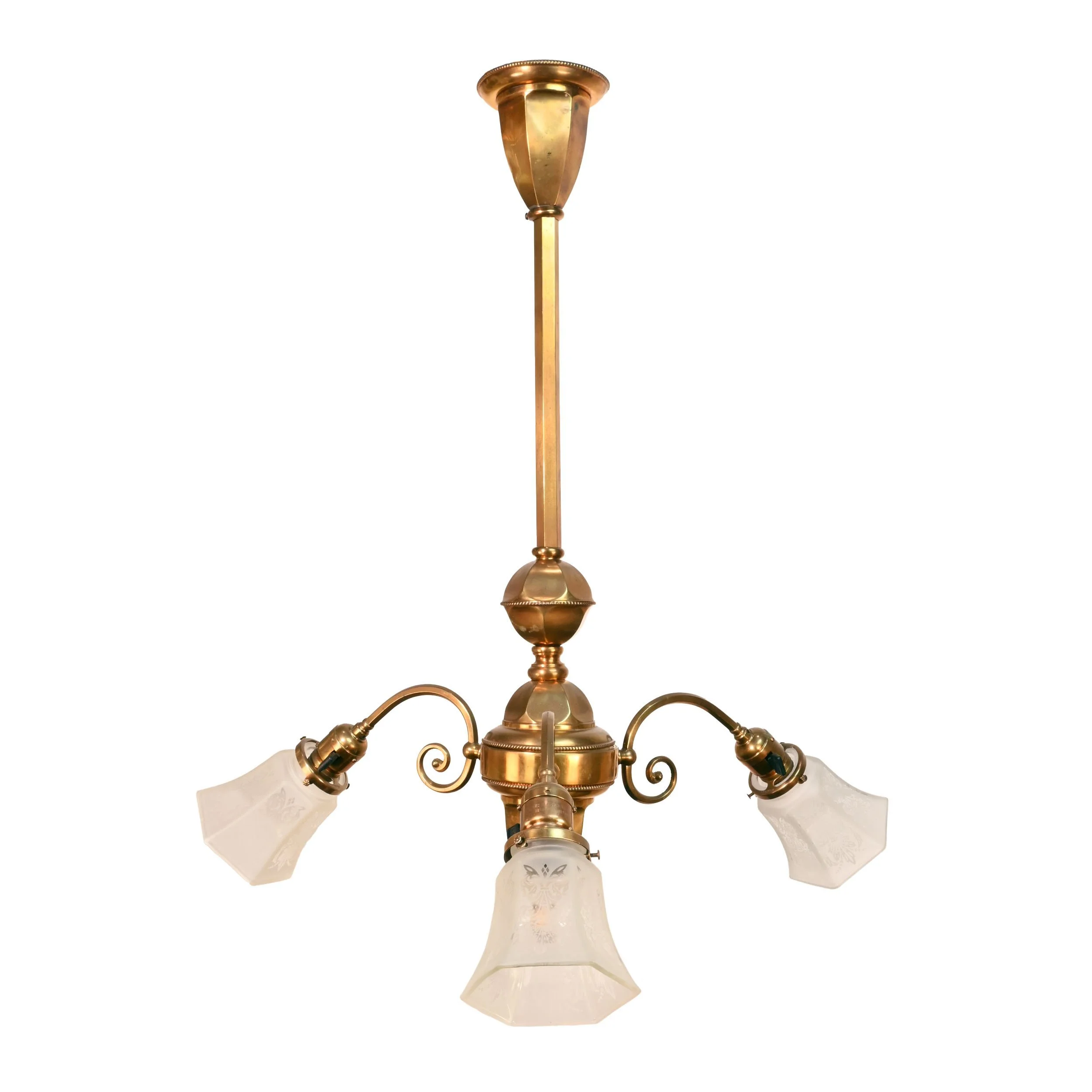 62926+brass+three+arm+early+electric+pendant+with+hexagonal+body+and+hexagonal+etched+shades+1.jpg