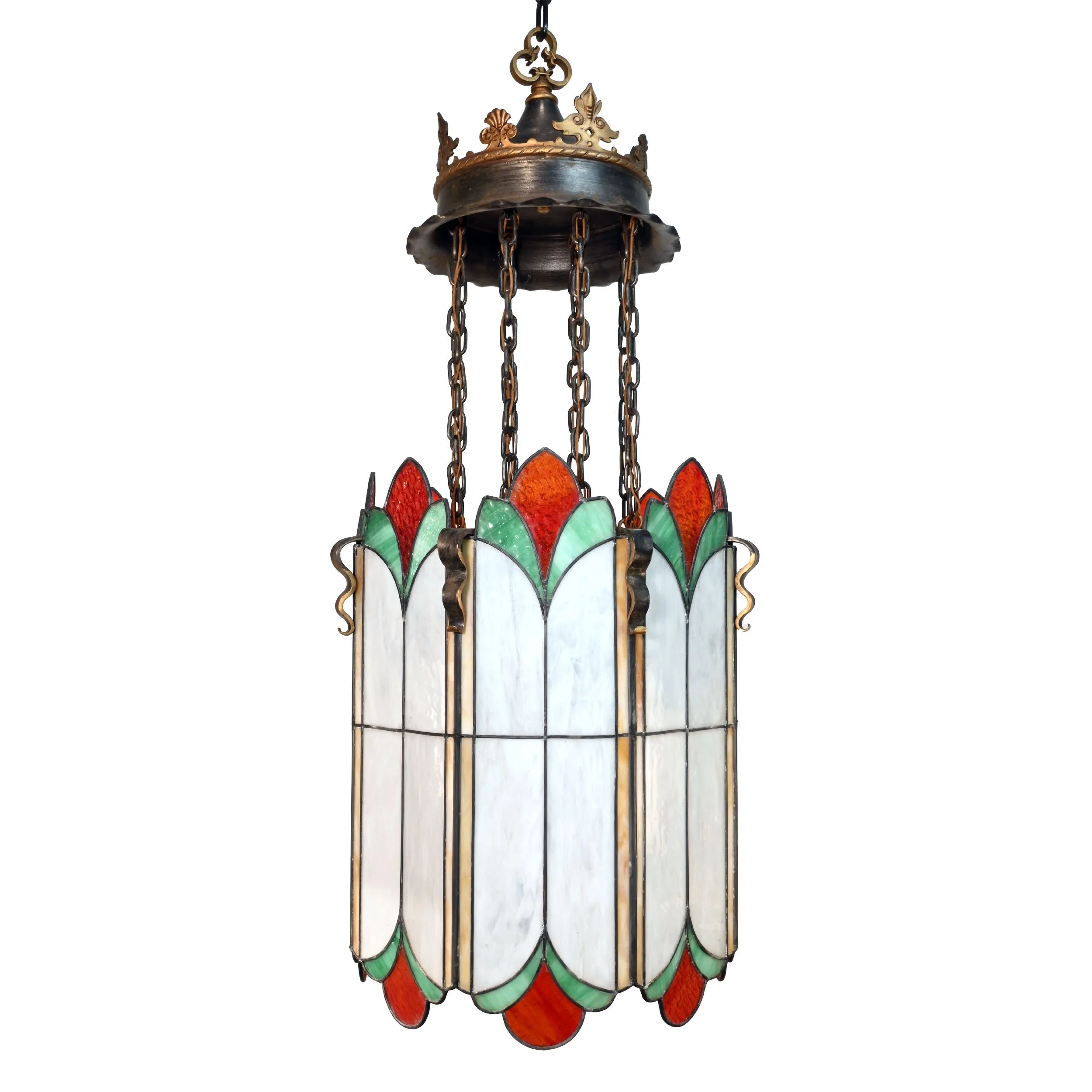 62982+two+tone+chandelier+with+oversized+red+green+and+white+stained+glass+lantern+shade+1.jpg