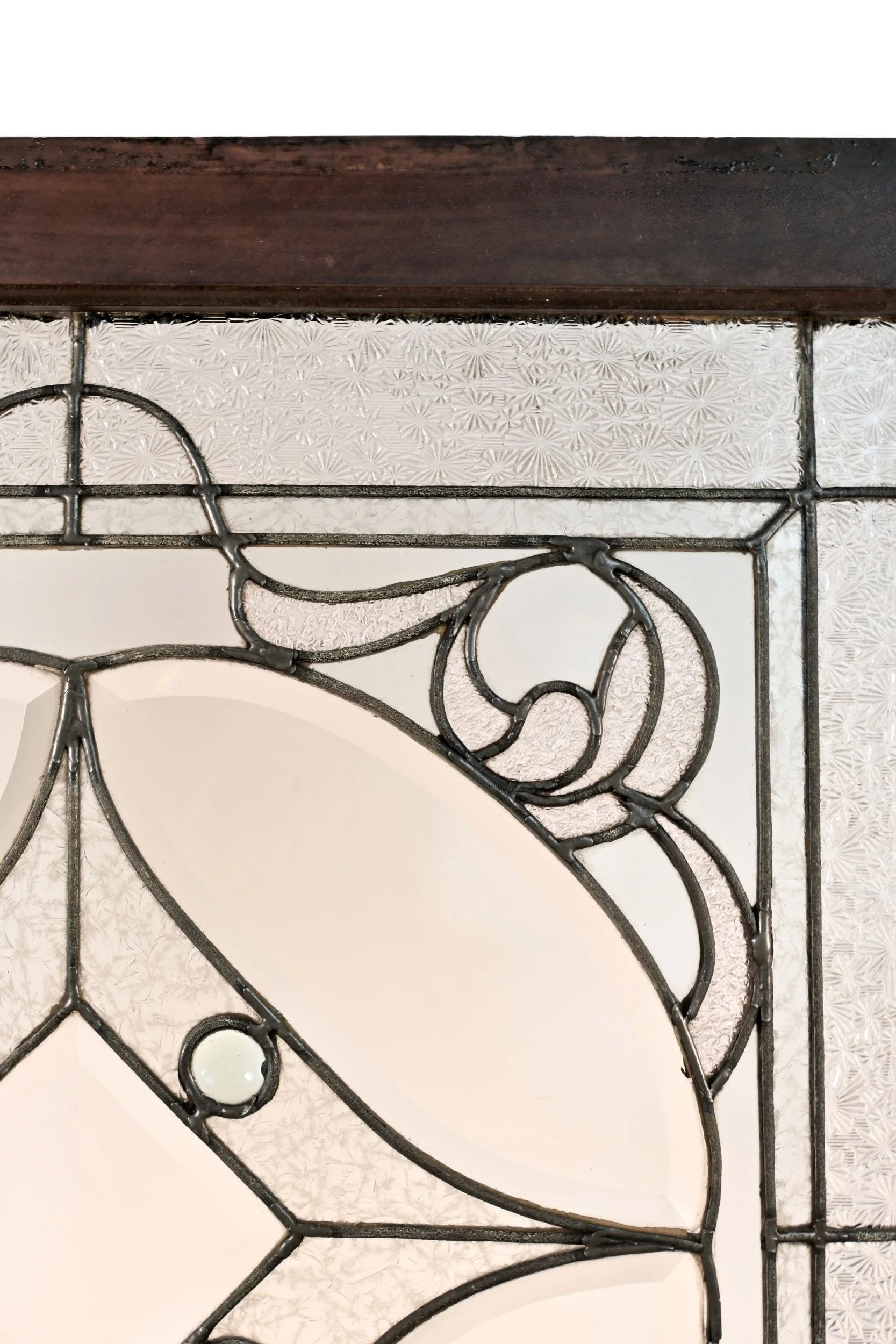 62971+leaded+beveled+glass+window+with+textured+glass+swirls+and+green+rondels+2.jpg