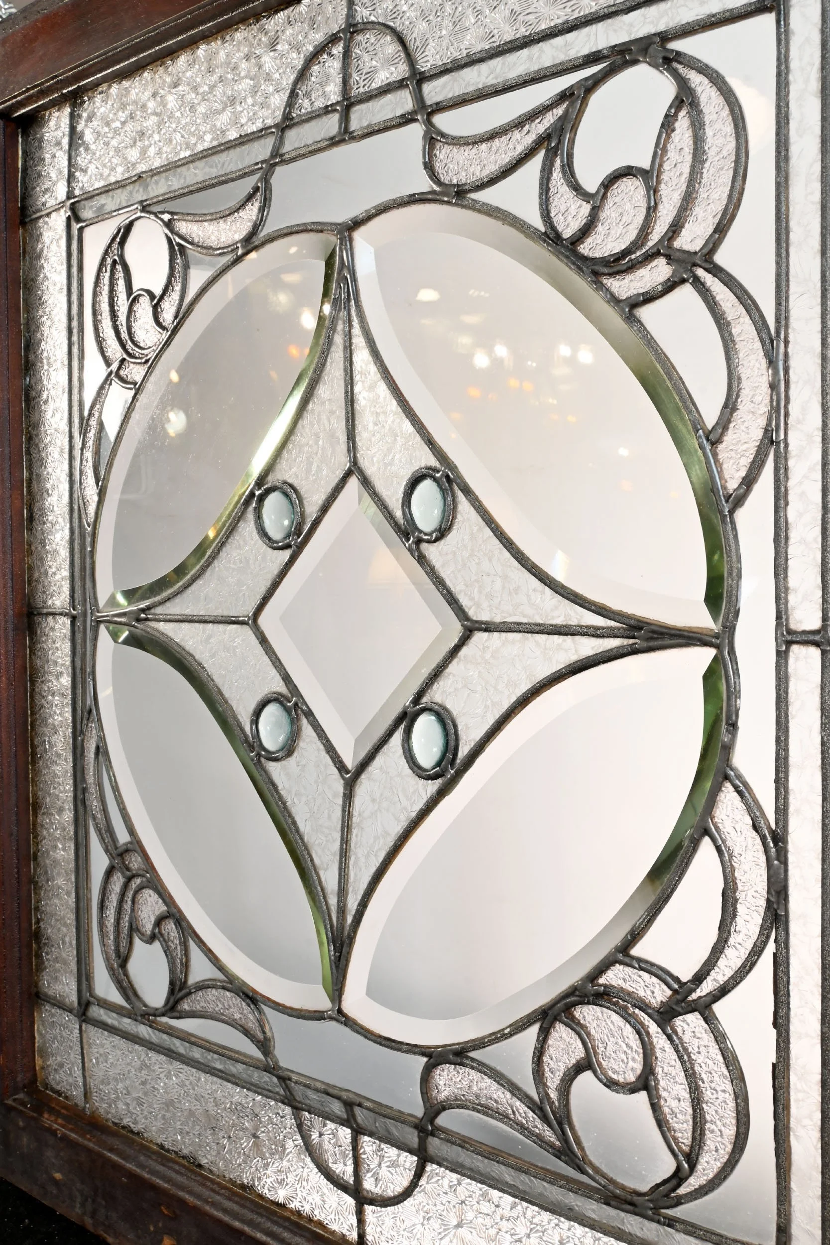62971+leaded+beveled+glass+window+with+textured+glass+swirls+and+green+rondels+3.jpg