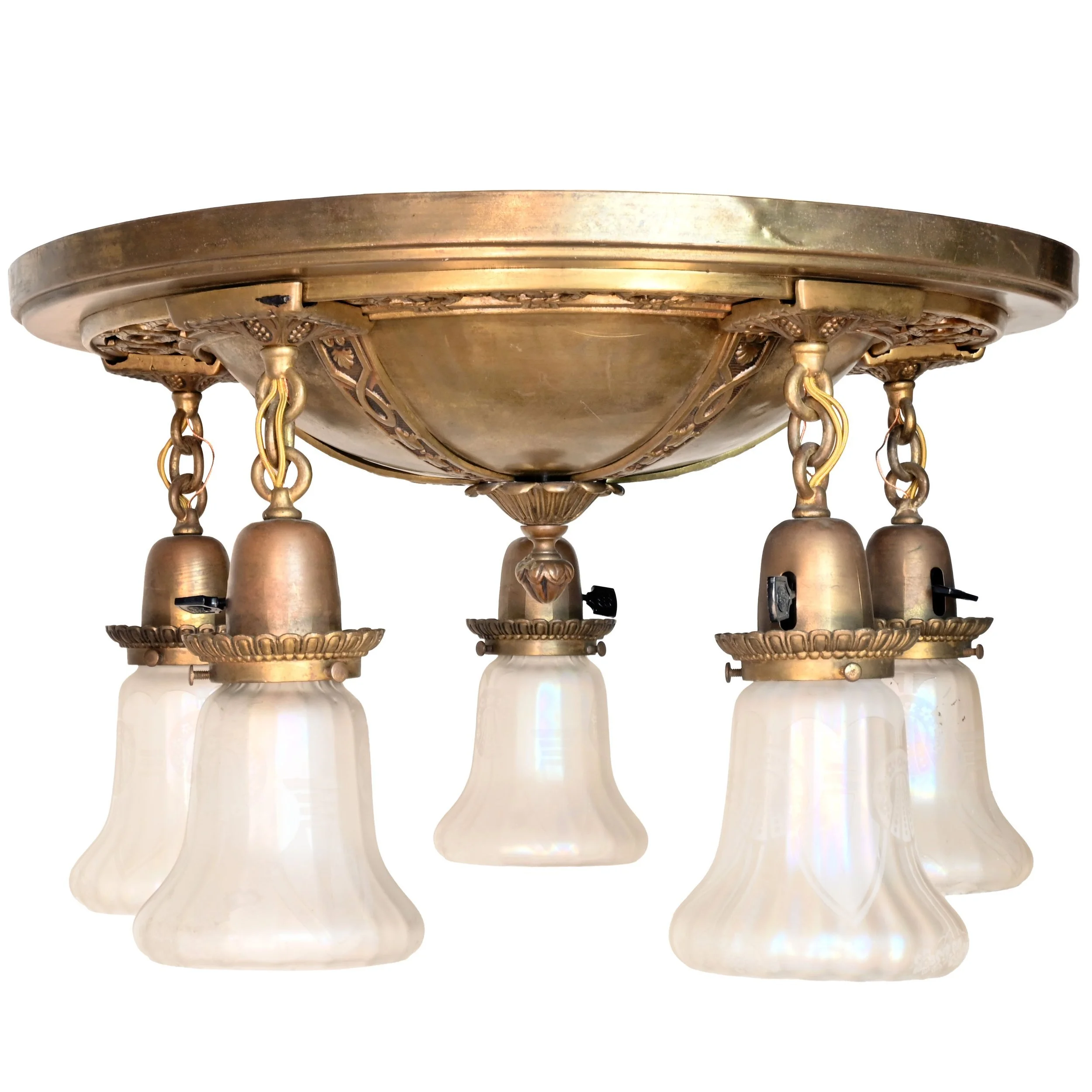 63081+brass+five+light+flush+pan+fixture+with+wreath+design+and+etched+iridescent+shades+2.jpg
