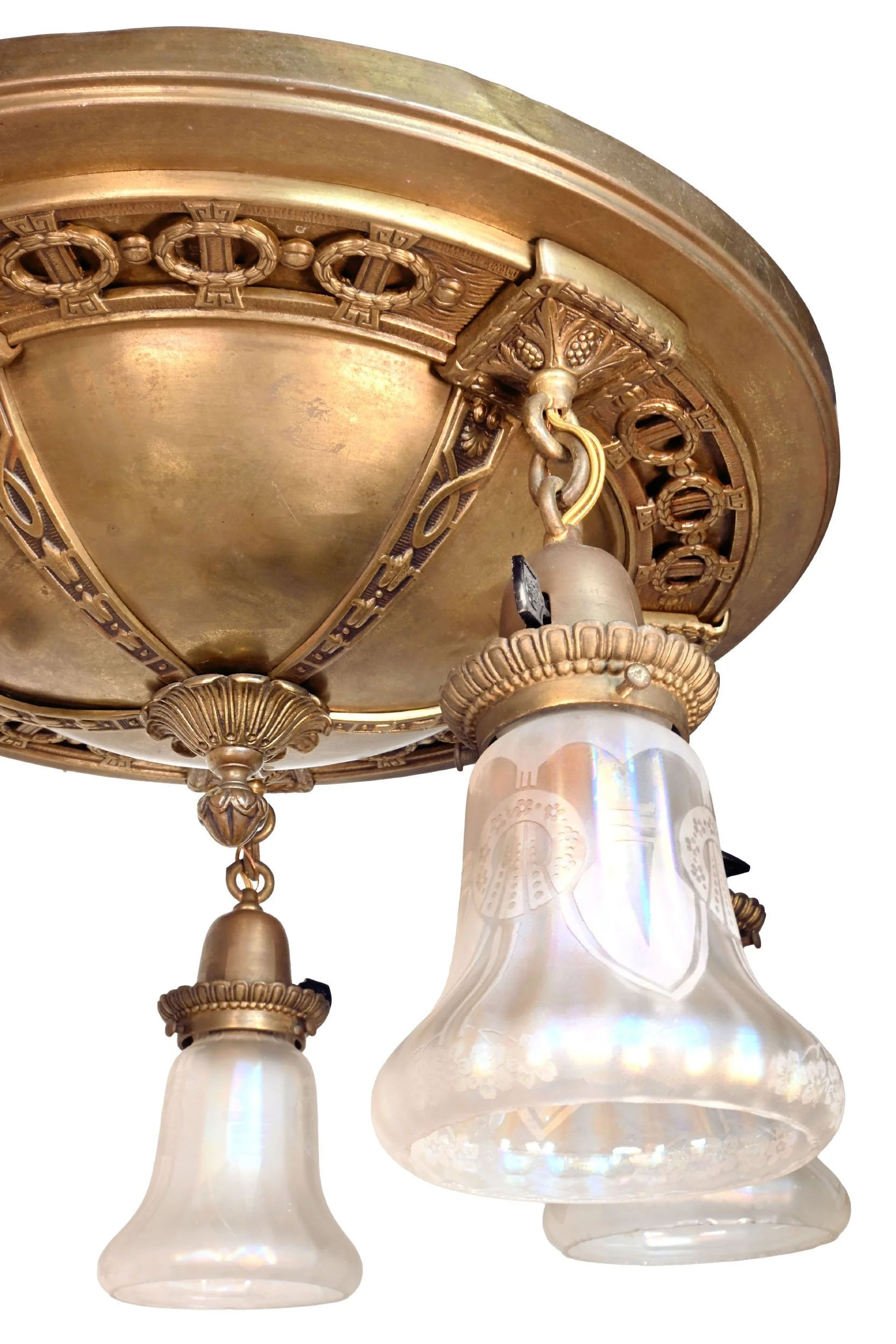 63081+brass+five+light+flush+pan+fixture+with+wreath+design+and+etched+iridescent+shades+3.jpg