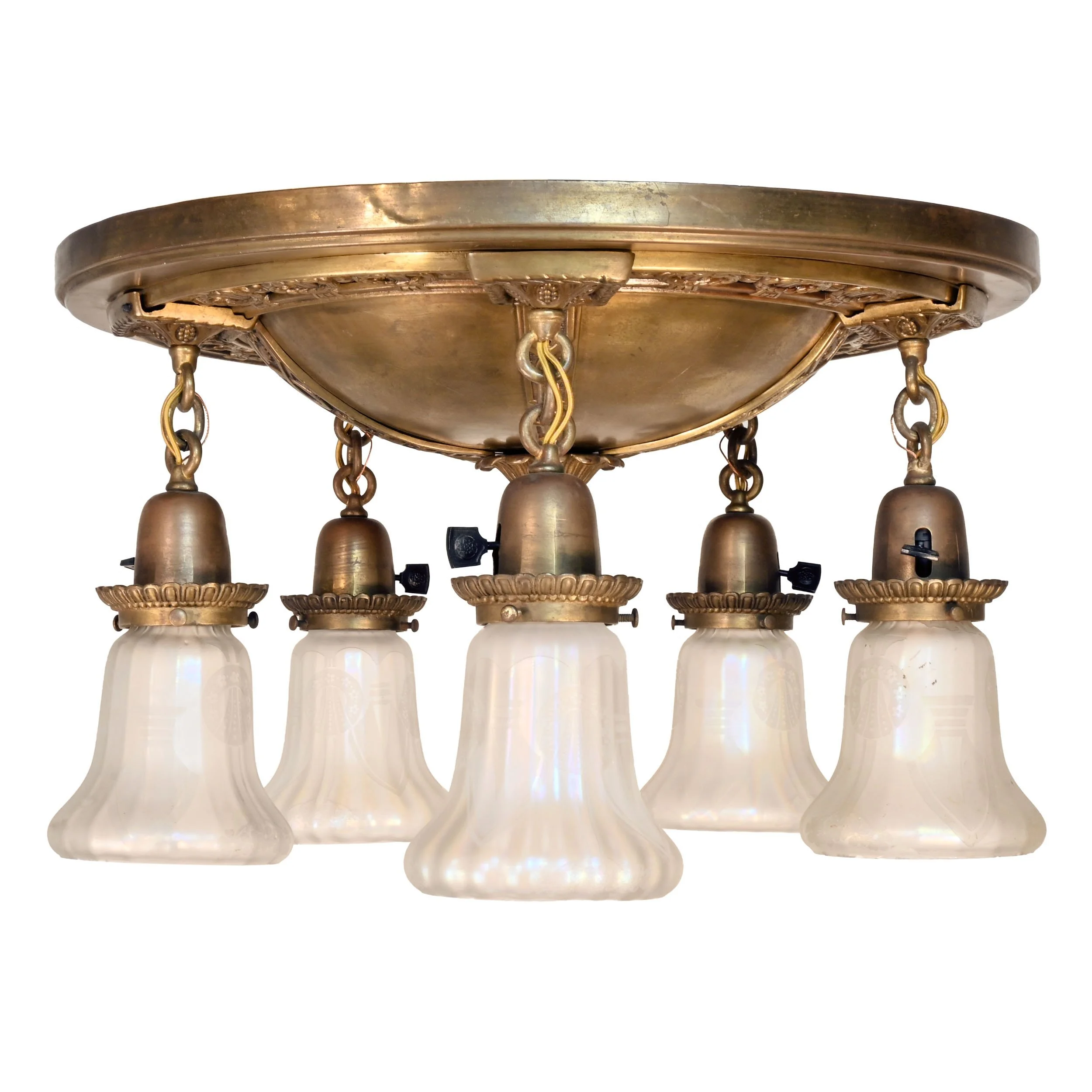63081+brass+five+light+flush+pan+fixture+with+wreath+design+and+etched+iridescent+shades+1.jpg