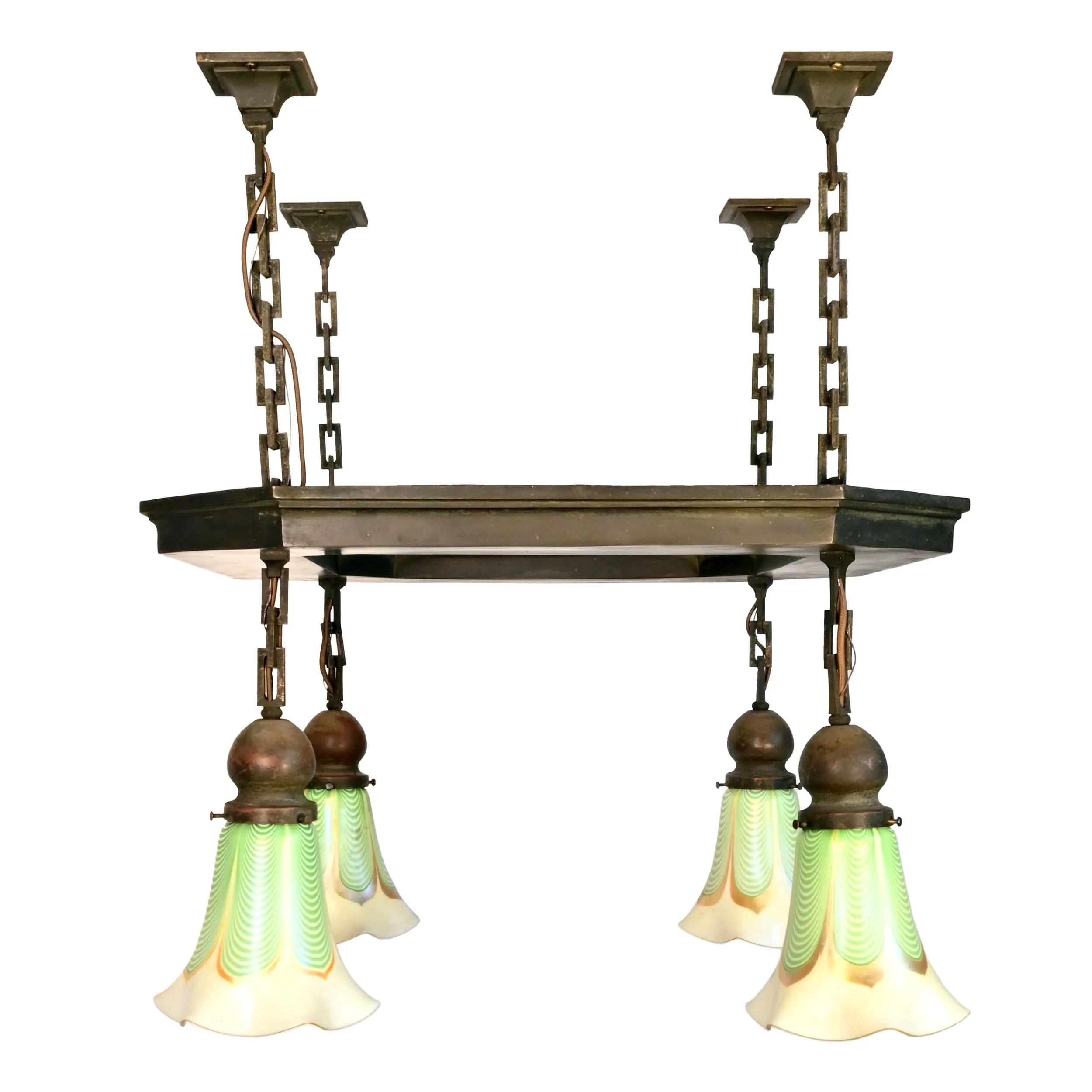 63097+bronze+arts+and+crafts+four+light+square+chandelier+with+pulled+feather+steuben+shades+1.jpg