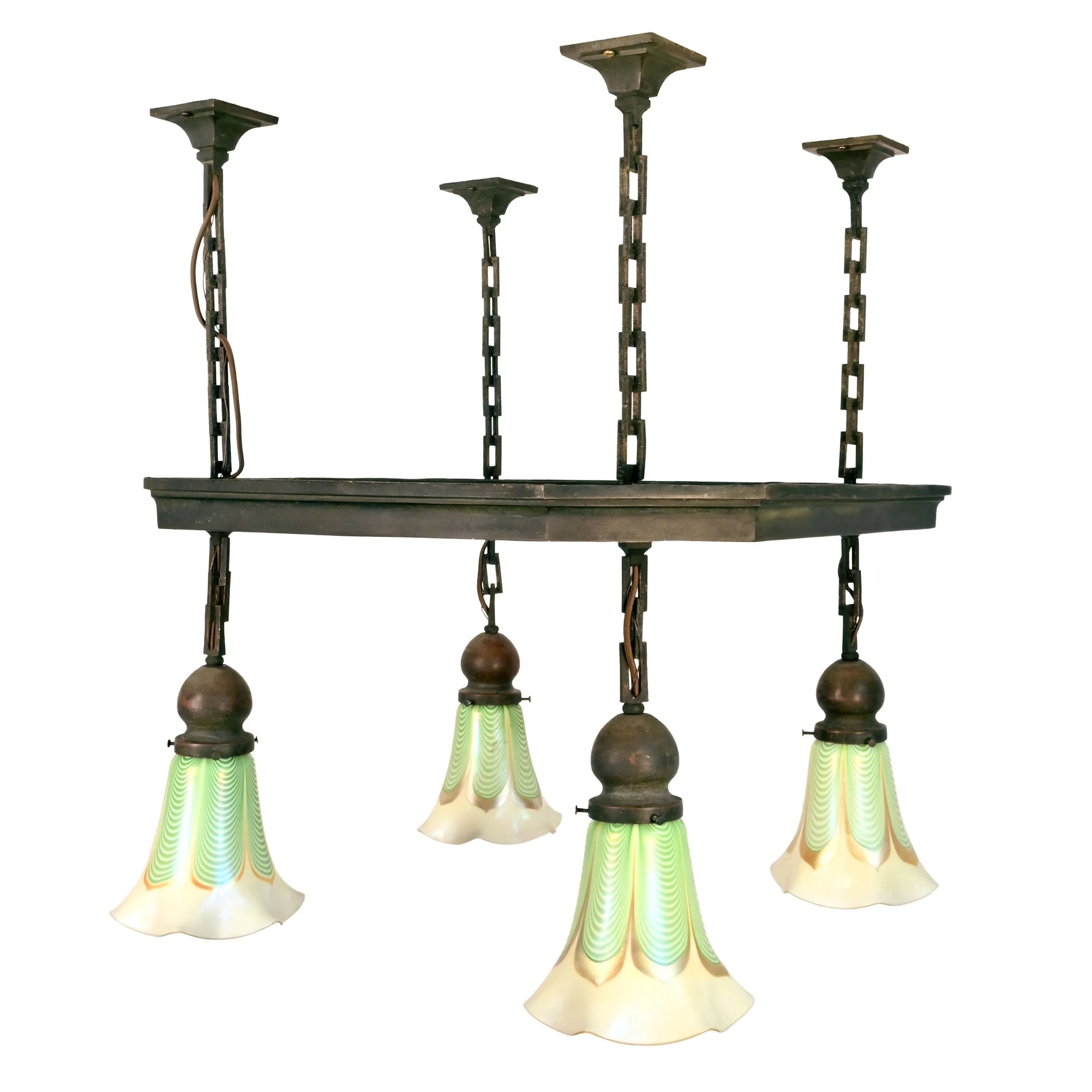 63097+bronze+arts+and+crafts+four+light+square+chandelier+with+pulled+feather+steuben+shades+2.jpg