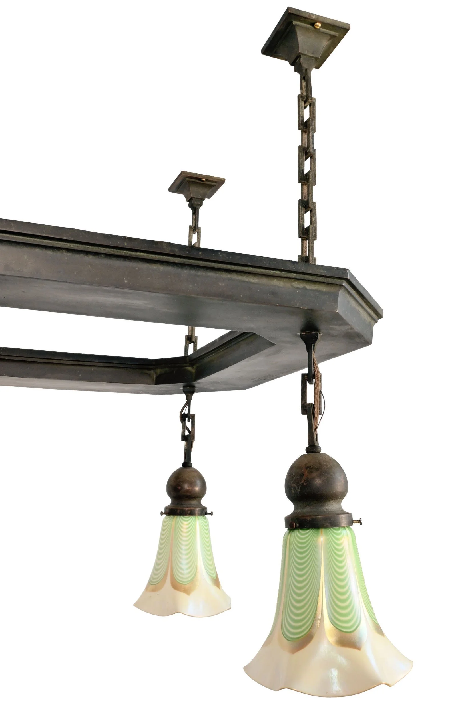 63097+bronze+arts+and+crafts+four+light+square+chandelier+with+pulled+feather+steuben+shades+3.jpg