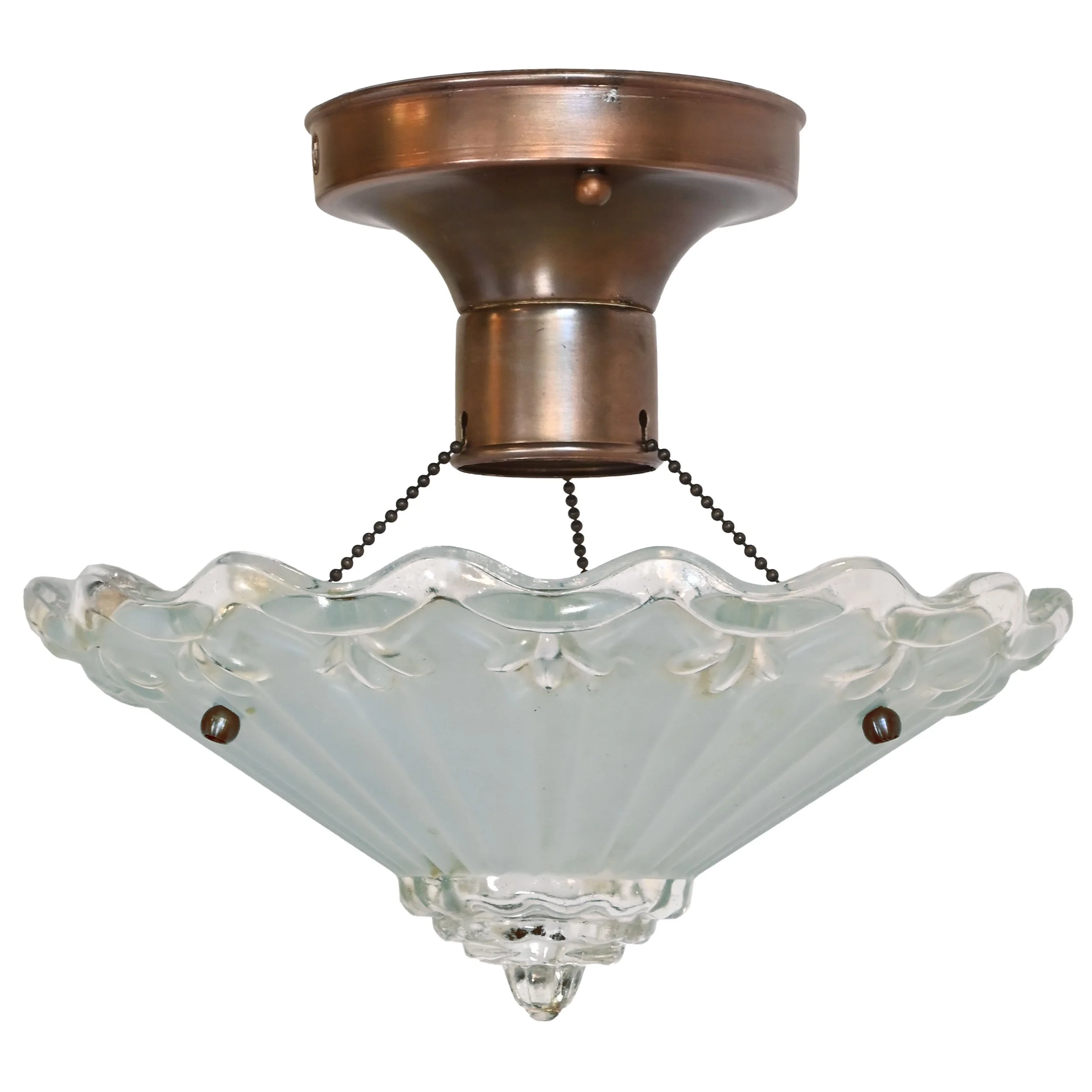 copper tone three chain flush fixture with blue and clear shade