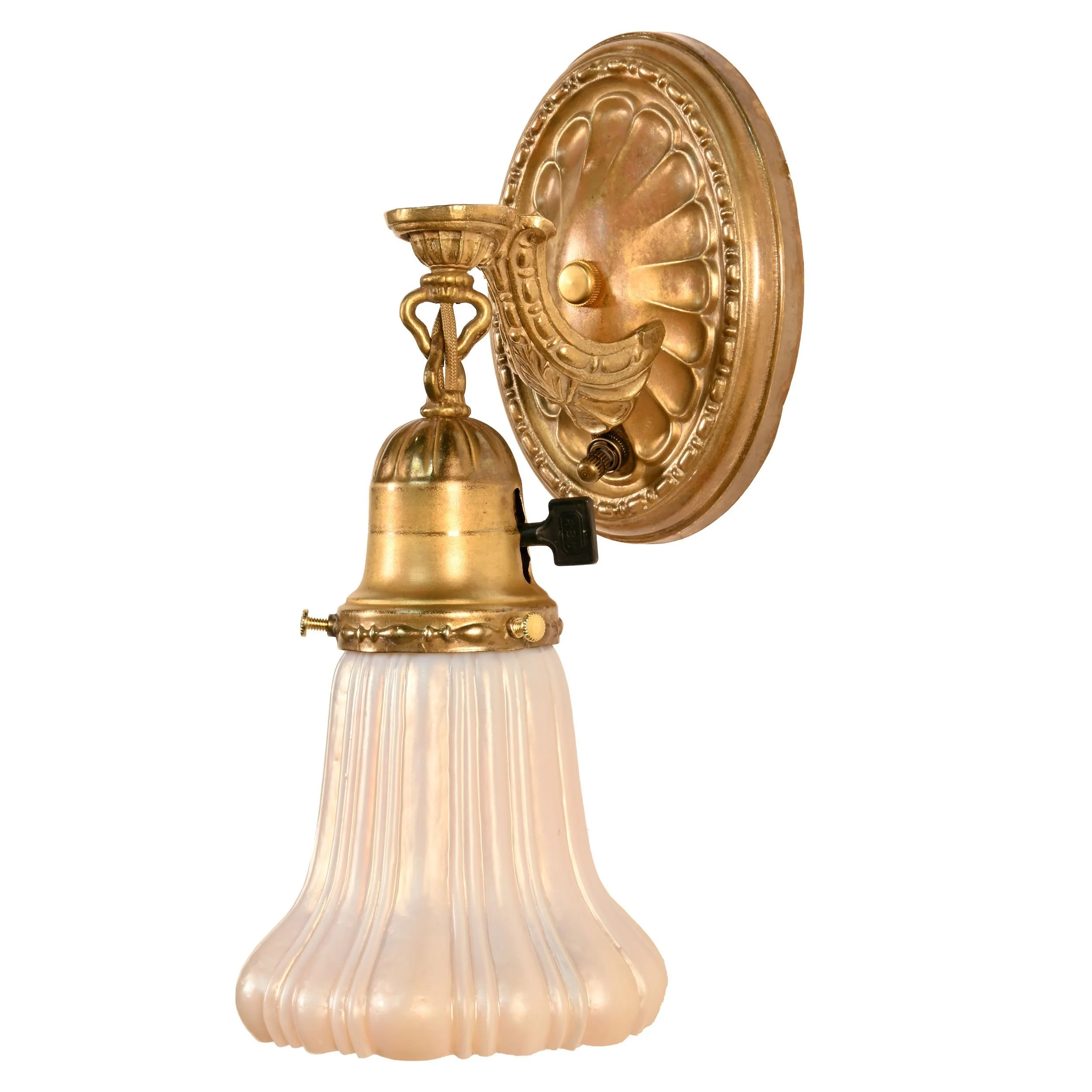 63204+pair+of+unfinished+brass+single+arm+sconces+with+white+iridescent+fluted+shades+2.jpg