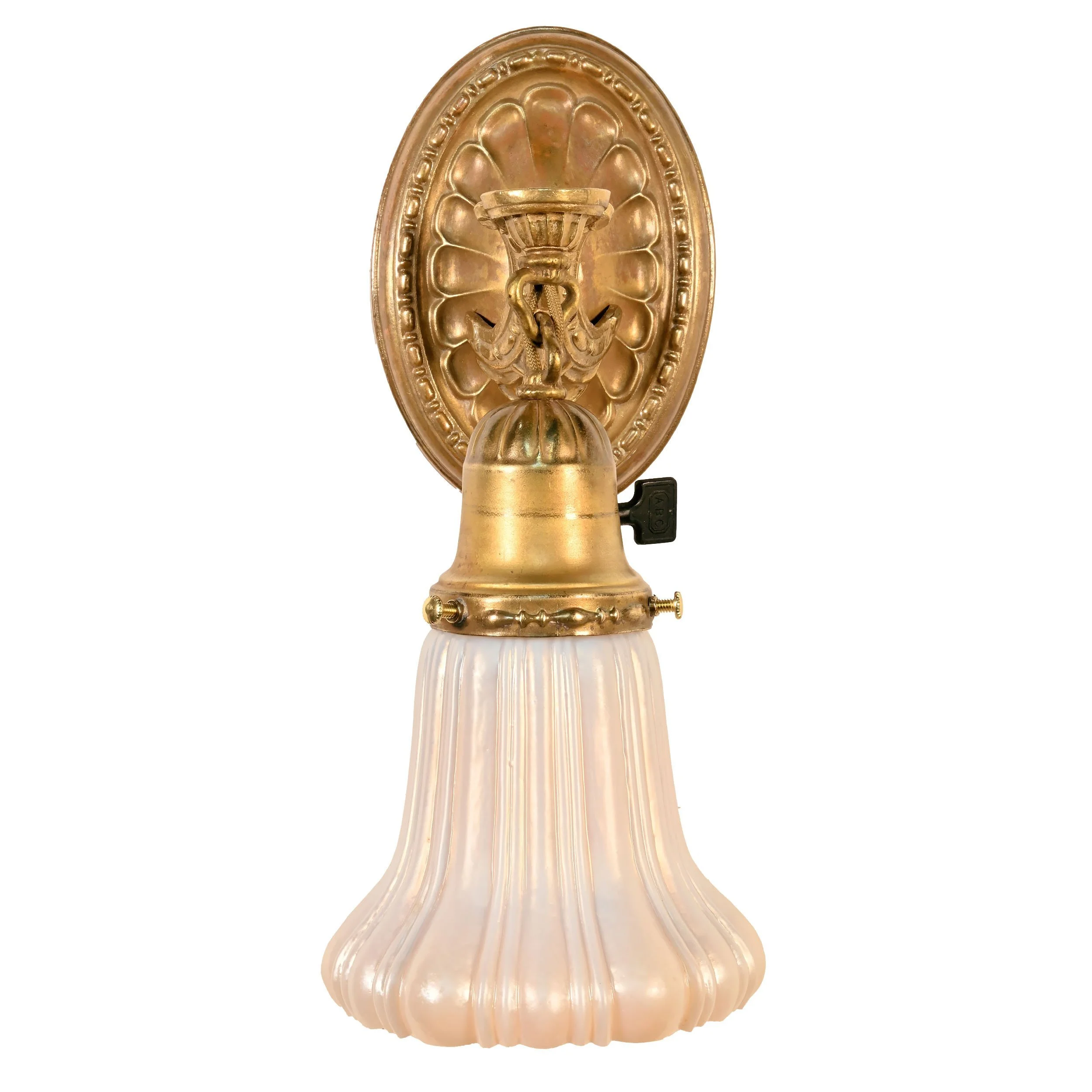 63204+pair+of+unfinished+brass+single+arm+sconces+with+white+iridescent+fluted+shades+1.jpg