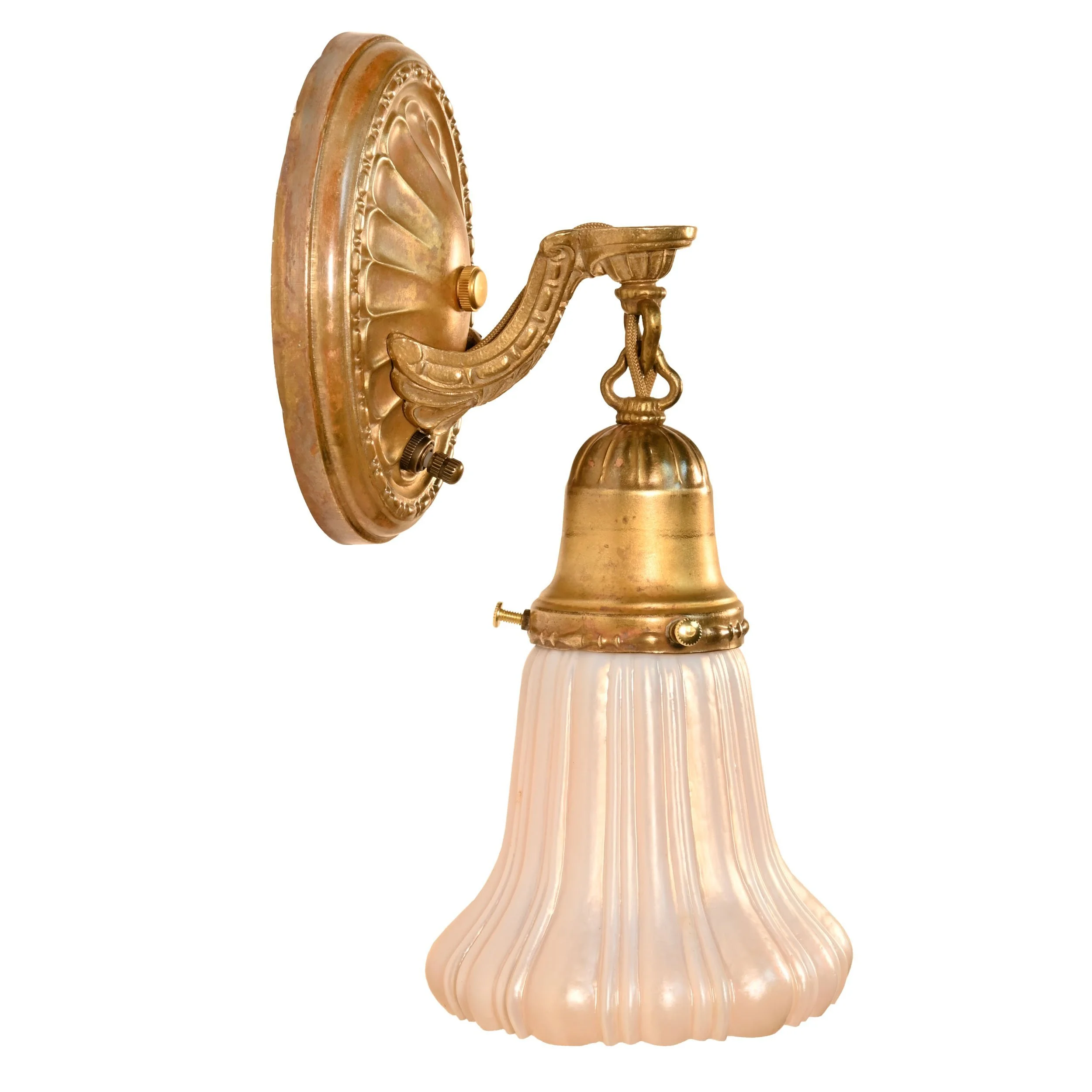 63204+pair+of+unfinished+brass+single+arm+sconces+with+white+iridescent+fluted+shades+3.jpg