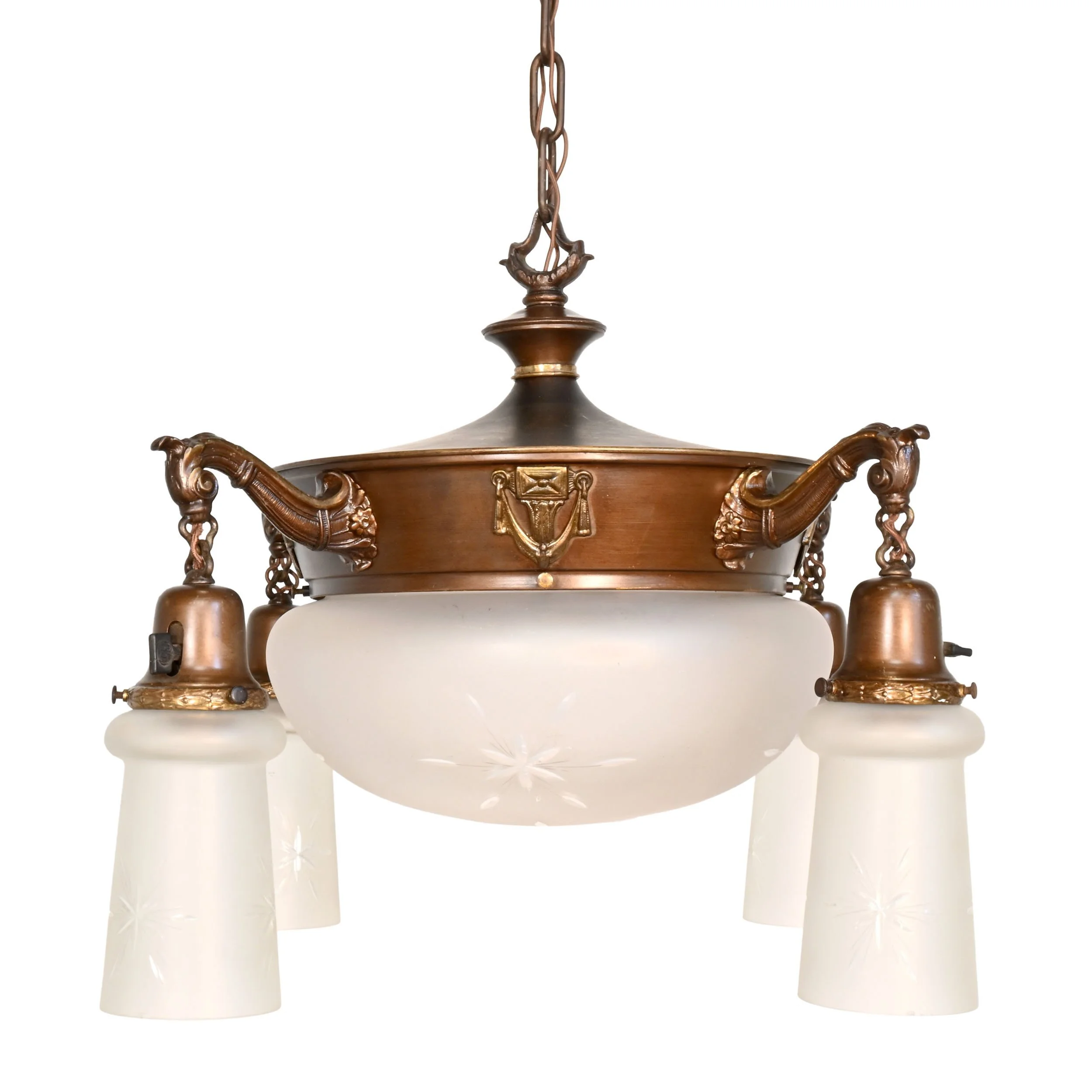 24049+two+tone+antique+brass+pan+fixture+with+frosted+and+cut+center+globe+and+four+matching+shades+1.jpg