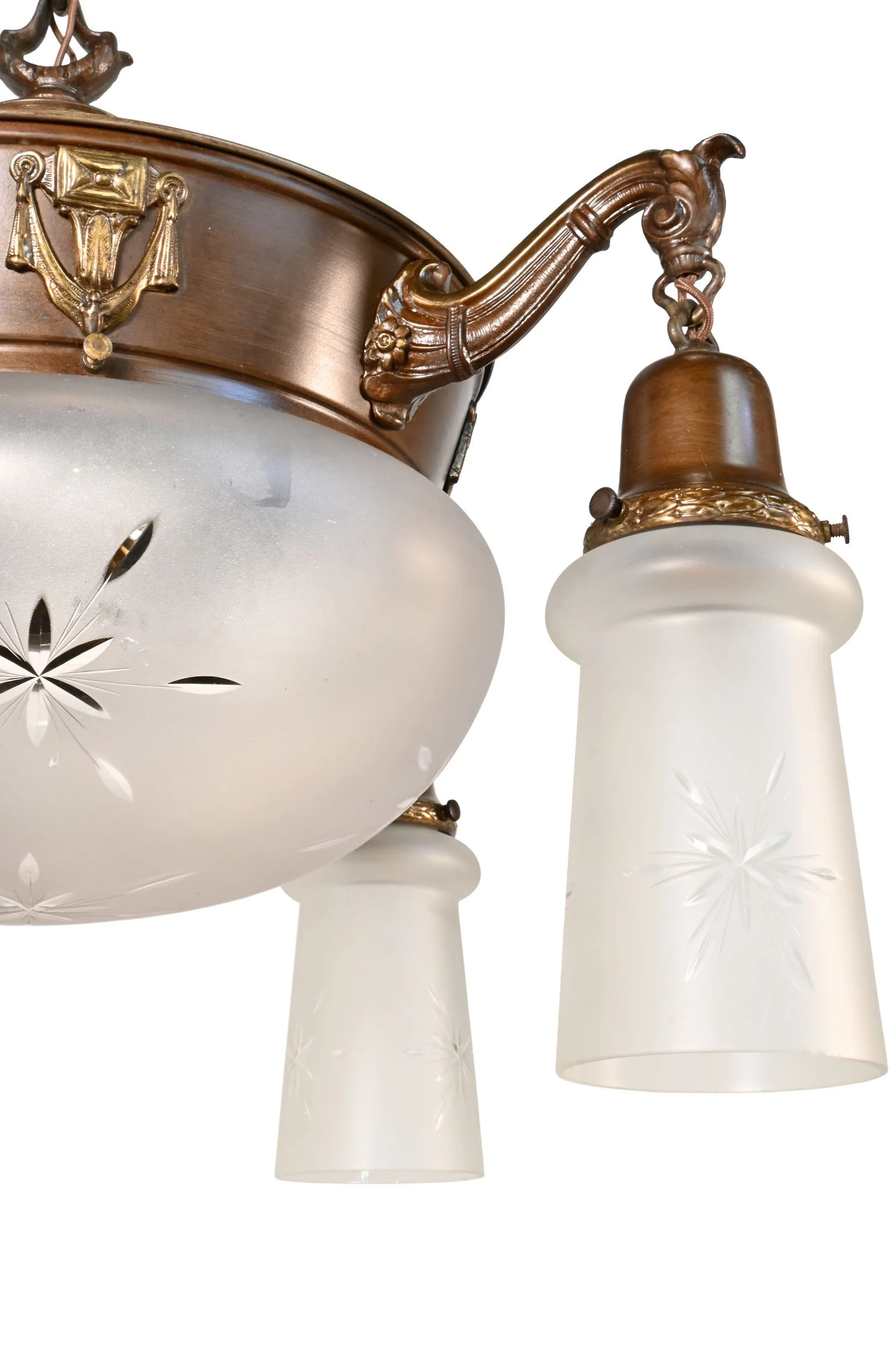 24049+two+tone+antique+brass+pan+fixture+with+frosted+and+cut+center+globe+and+four+matching+shades+3.jpg