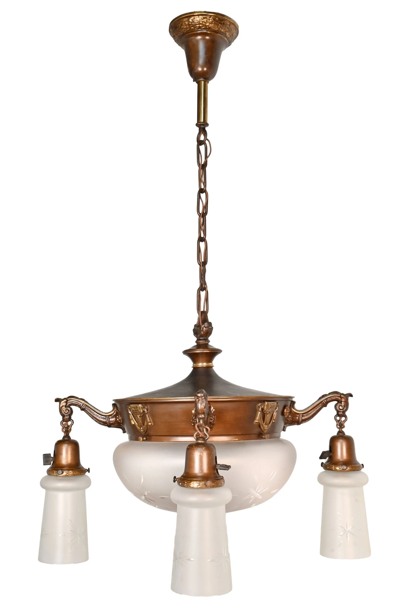 24049+two+tone+antique+brass+pan+fixture+with+frosted+and+cut+center+globe+and+four+matching+shades+2.jpg