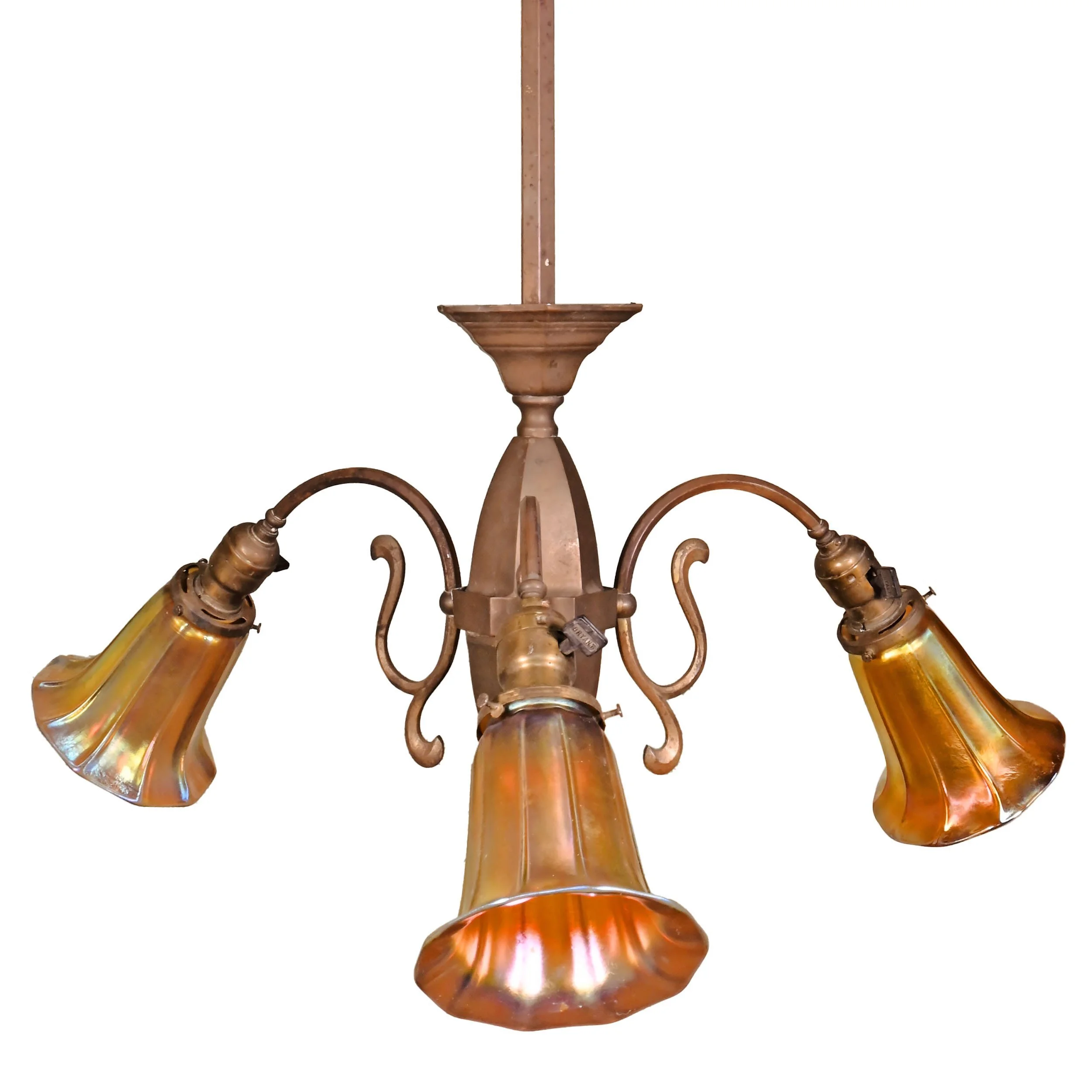 63209+early+electric+brass+three+arm+pendant+with+steuben+art+glass+shades+1.jpg