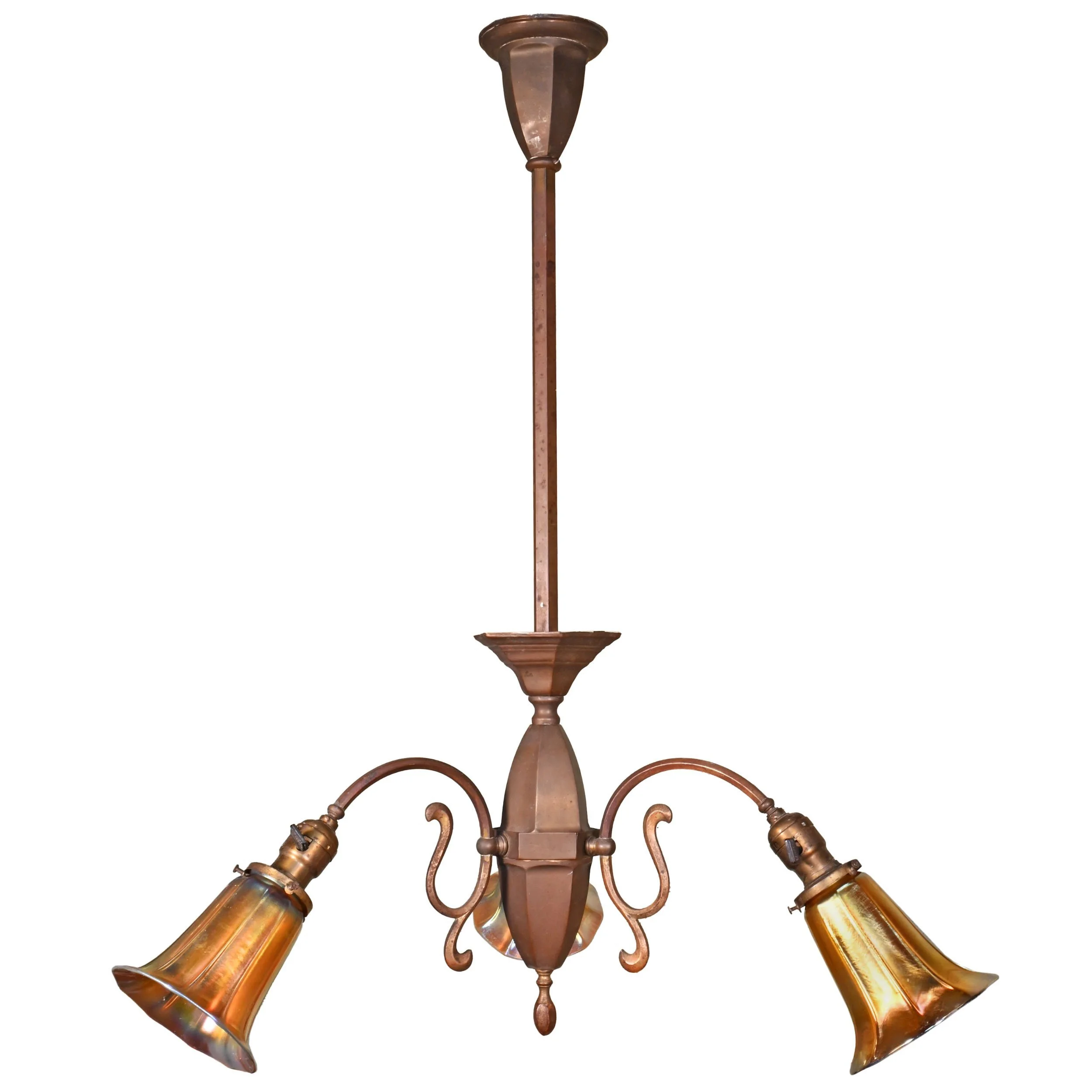 63209+early+electric+brass+three+arm+pendant+with+steuben+art+glass+shades+2.jpg