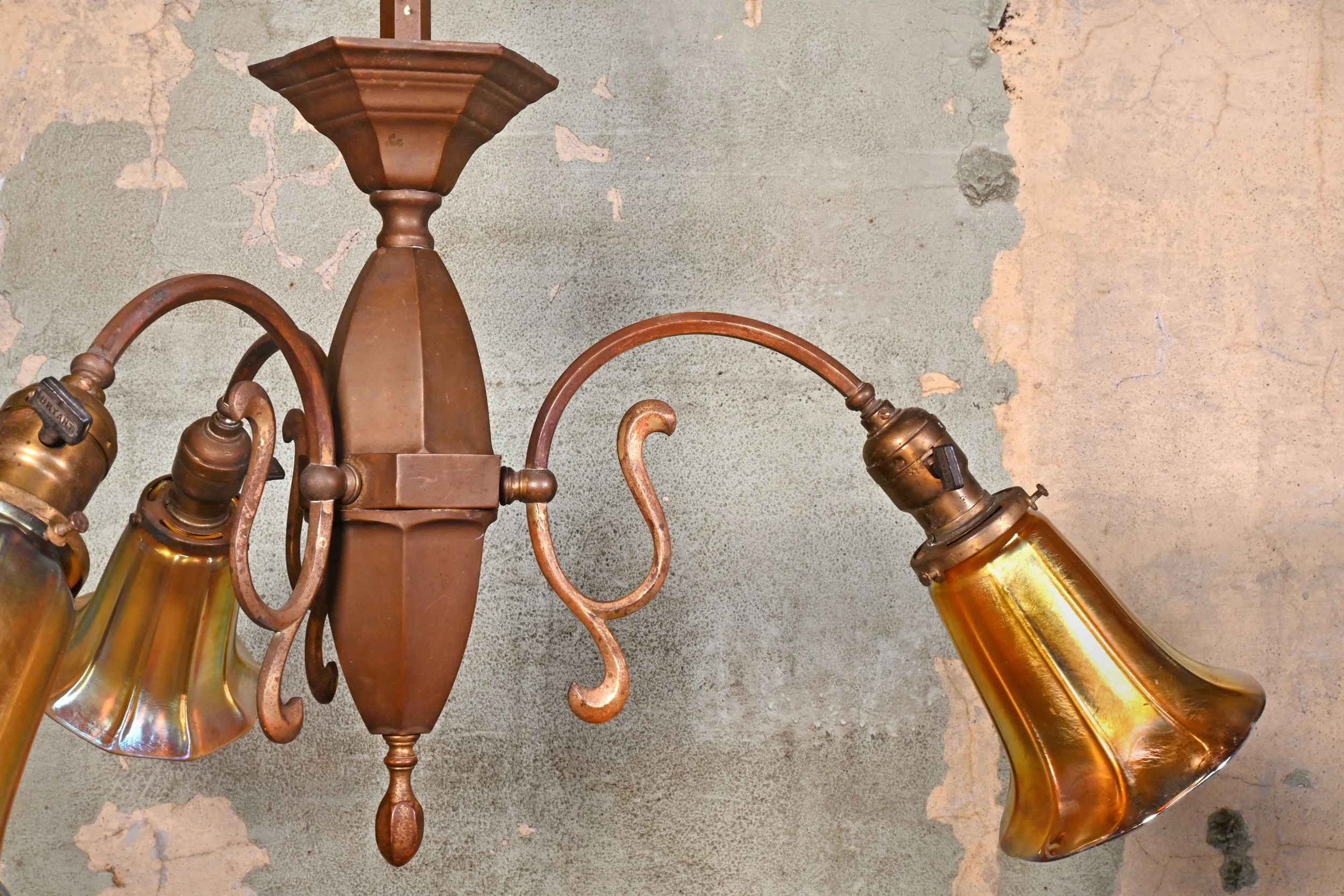 63209+early+electric+brass+three+arm+pendant+with+steuben+art+glass+shades+3.jpg