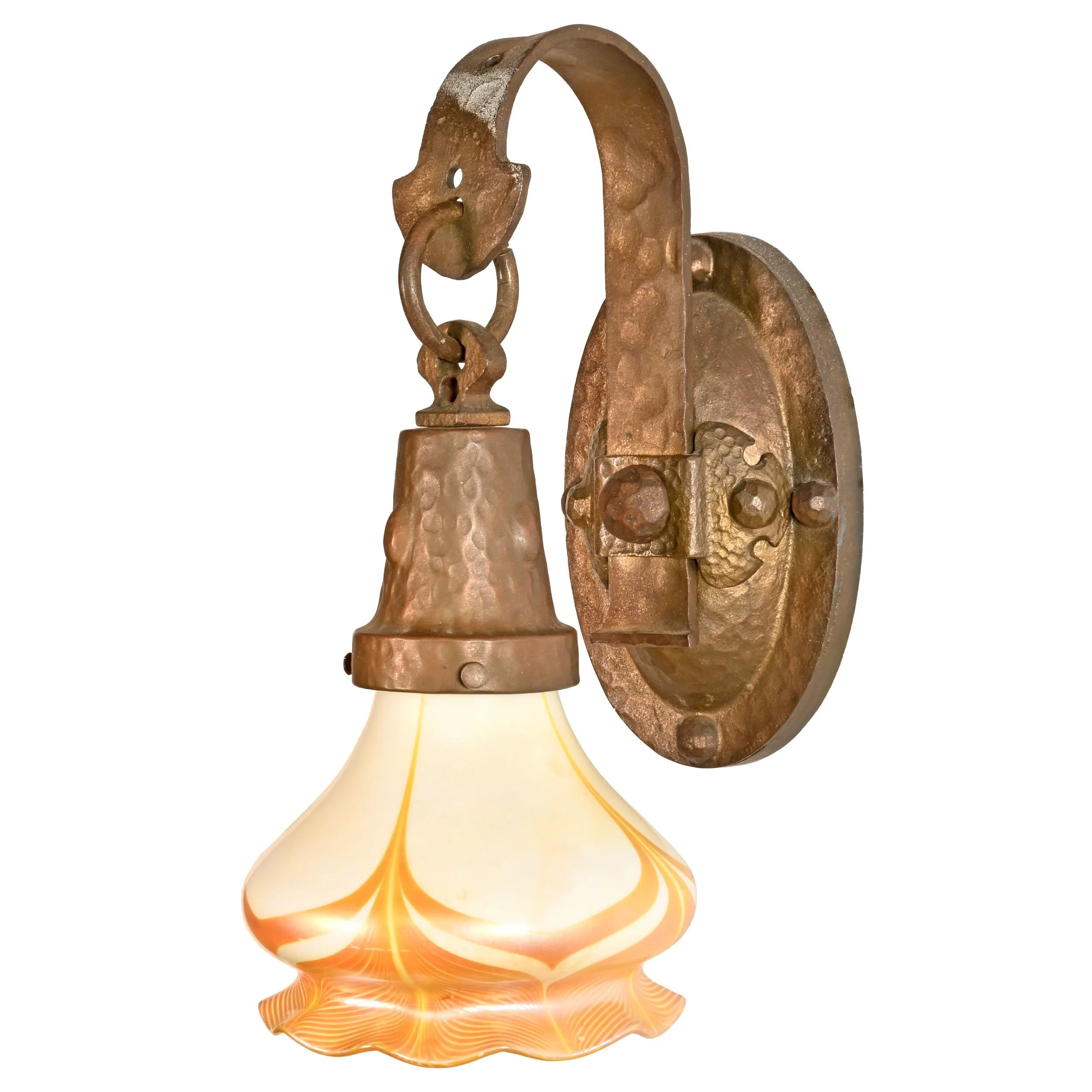 62535+arts+and+crafts+hammered+bronze+and+iron+sconces+with+steuben+shades+2.jpg