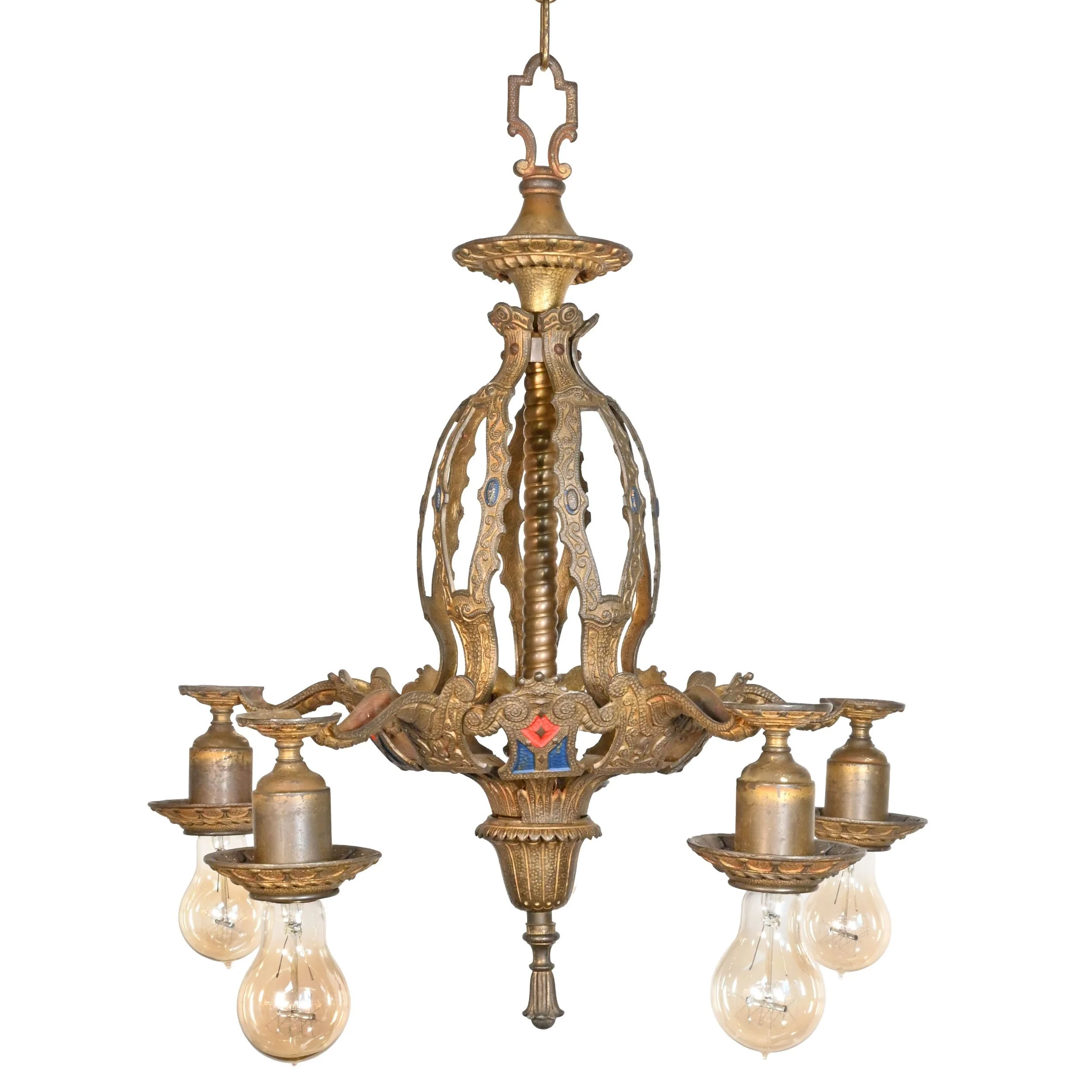 24052+ornate+cast+brass+tudor+five+bulb+chandelier+with+red+and+blue+accents+1.jpg