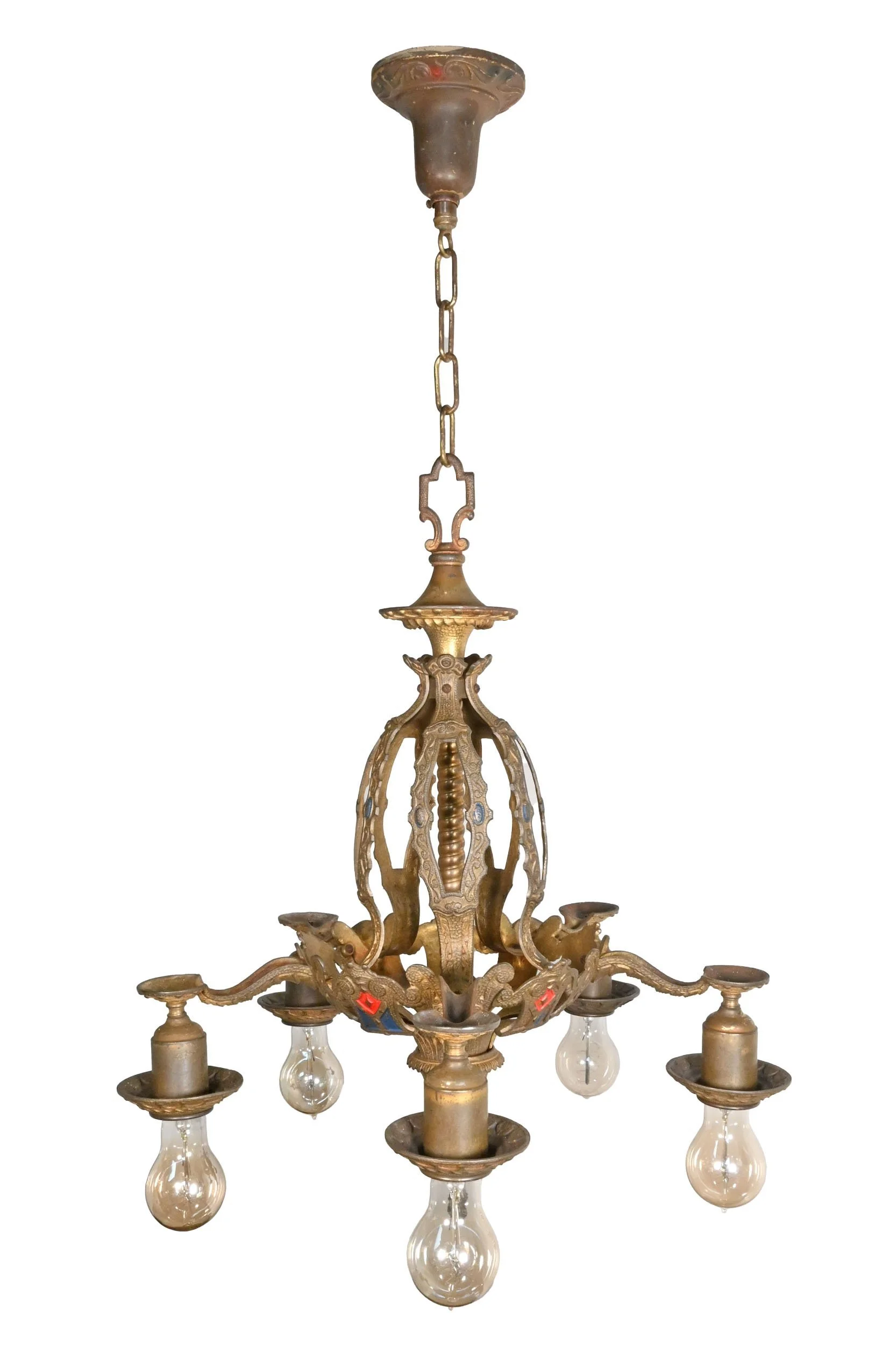 24052+ornate+cast+brass+tudor+five+bulb+chandelier+with+red+and+blue+accents+2.jpg