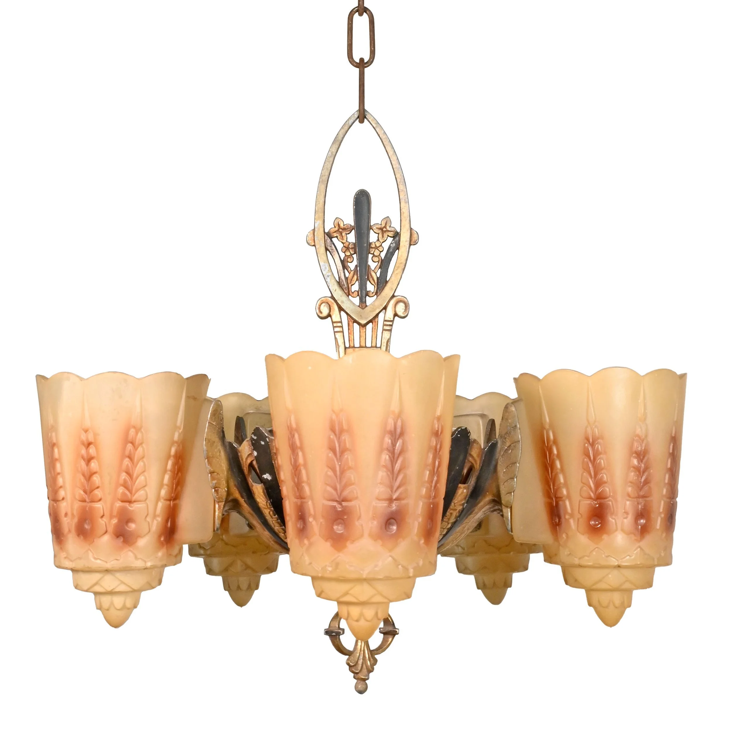 24013+gold+and+black+polychrome+cast+aluminum+five+light+slip+shade+chandelier+4.jpg