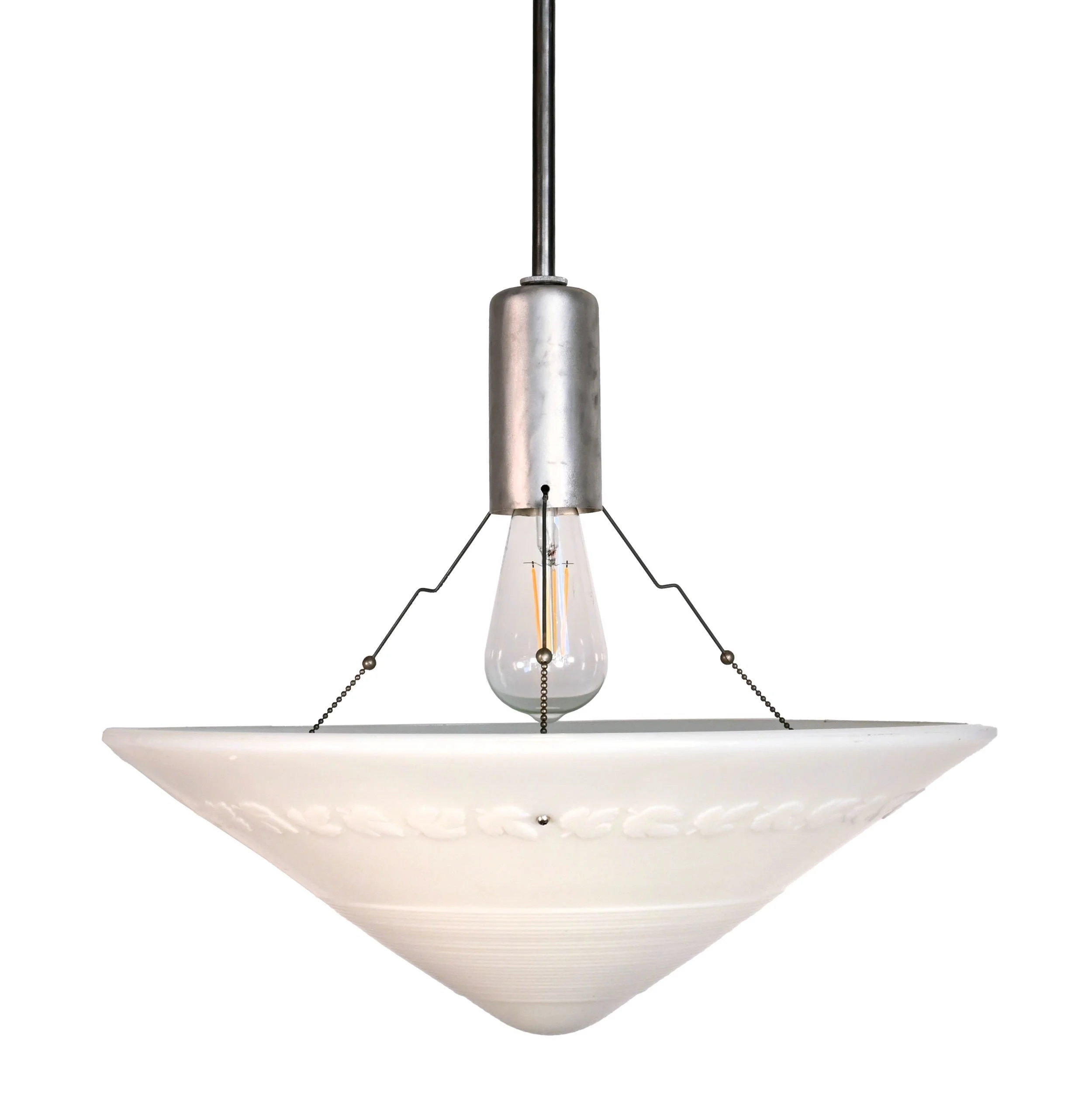 24181A+white+three+chain+molded+shade+with+maple+leaf+detail+on+midcentury+aluminum+pendant+1.jpg