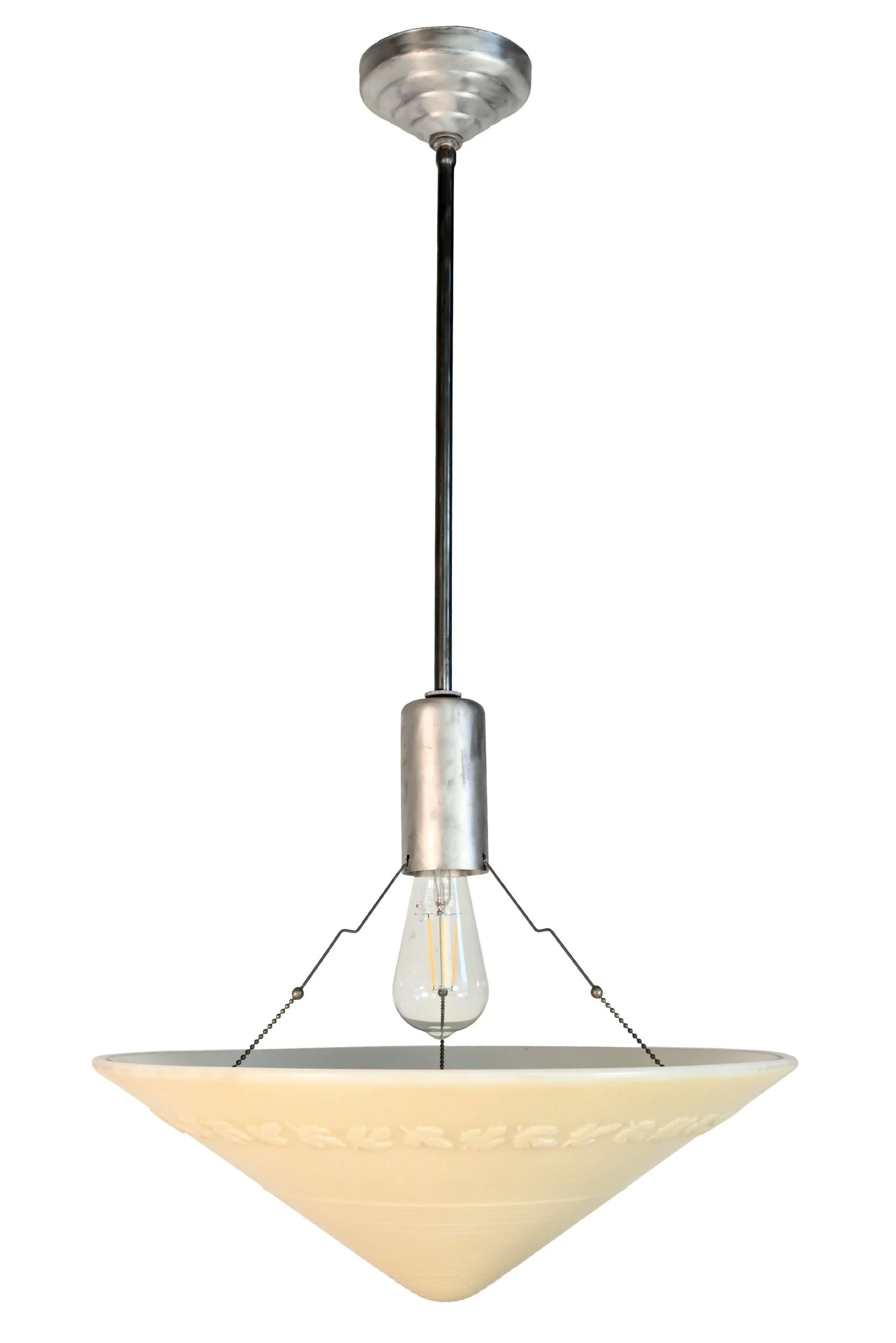 24181B+cream+three+chain+molded+shade+with+maple+leaf+detail+on+midcentury+aluminum+pendant+1.jpg