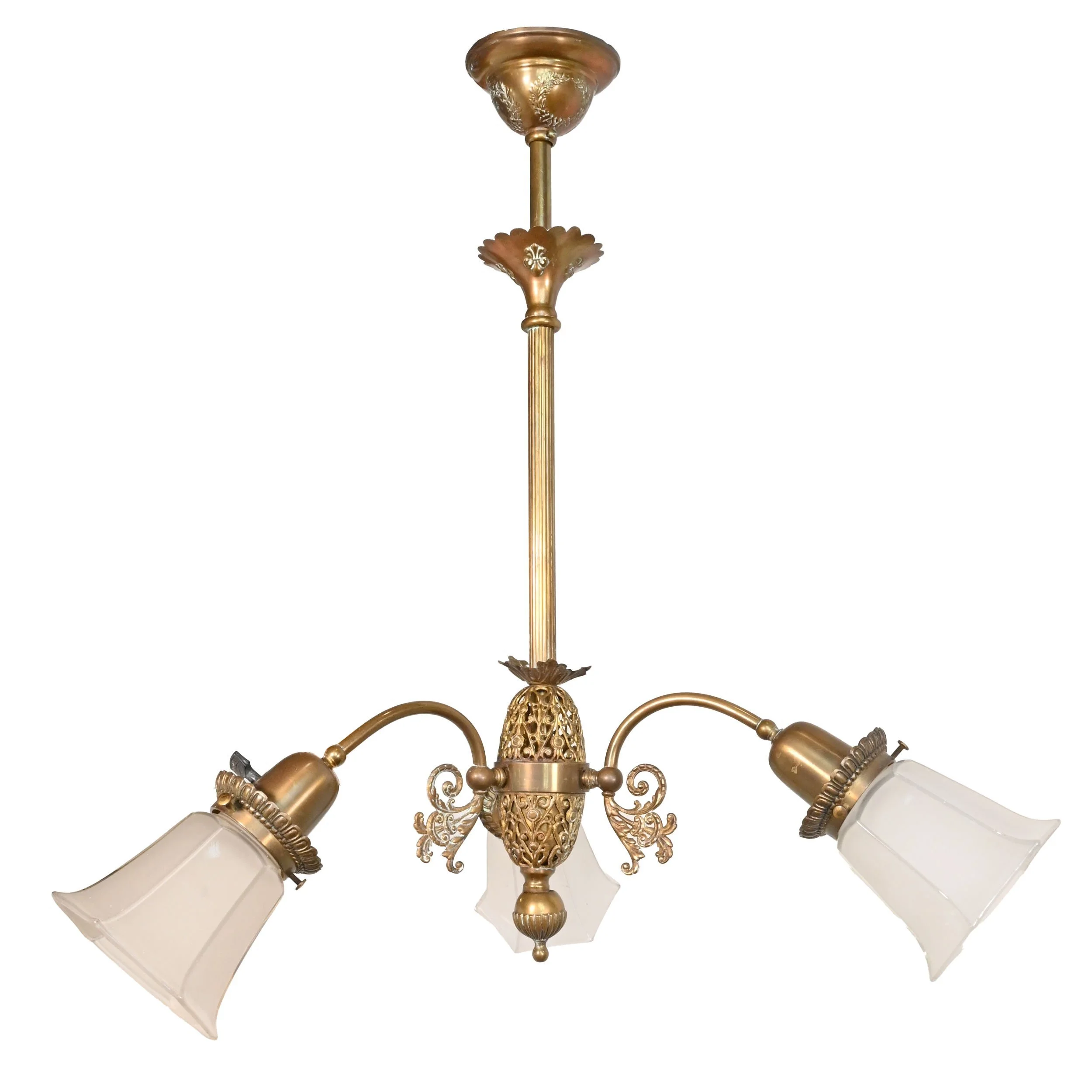 24175+ornate+brass+early+electric+chandelier+with+frosted+shades+and+fleur+de+lis+detail+1.jpg