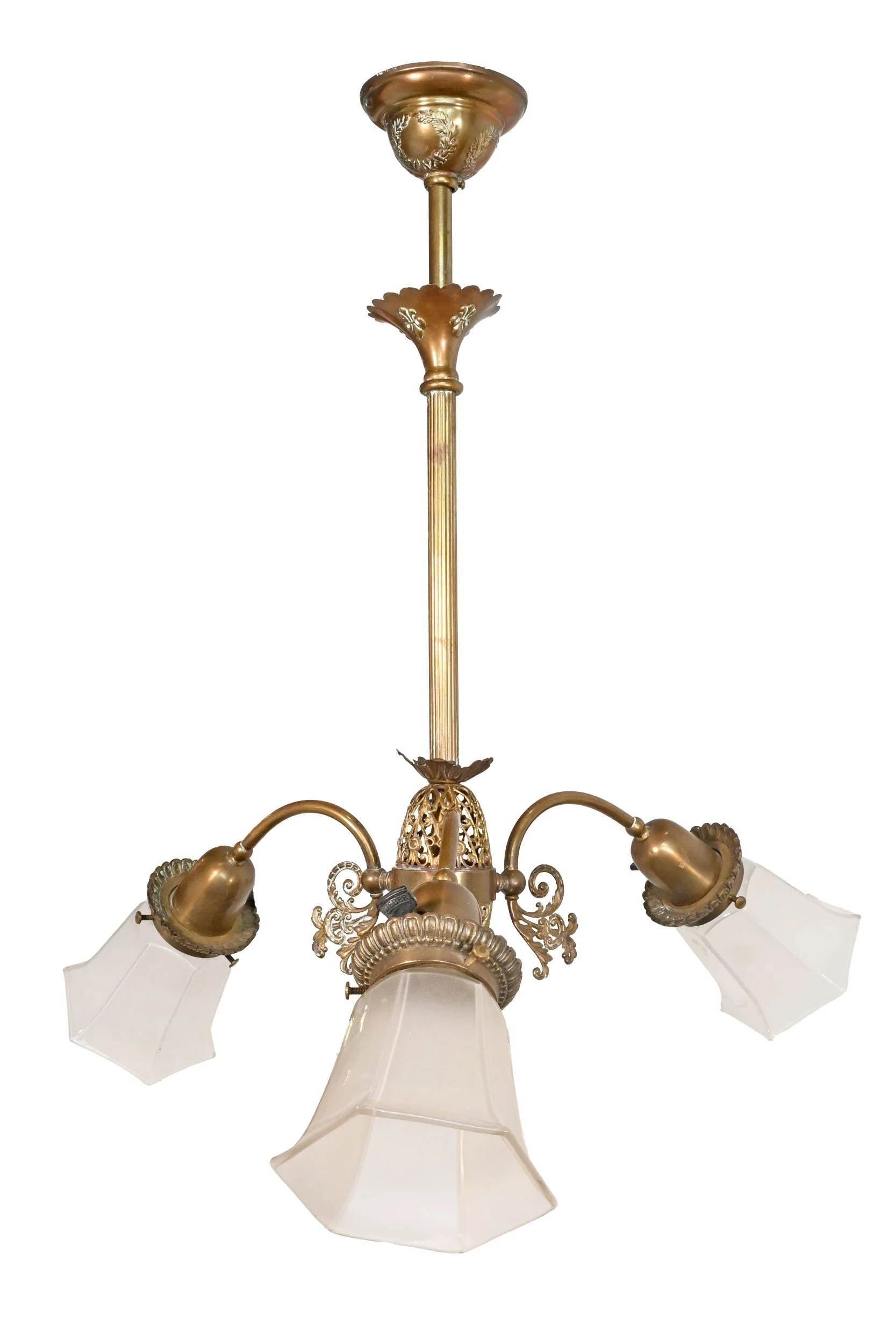 24175+ornate+brass+early+electric+chandelier+with+frosted+shades+and+fleur+de+lis+detail+4.jpg