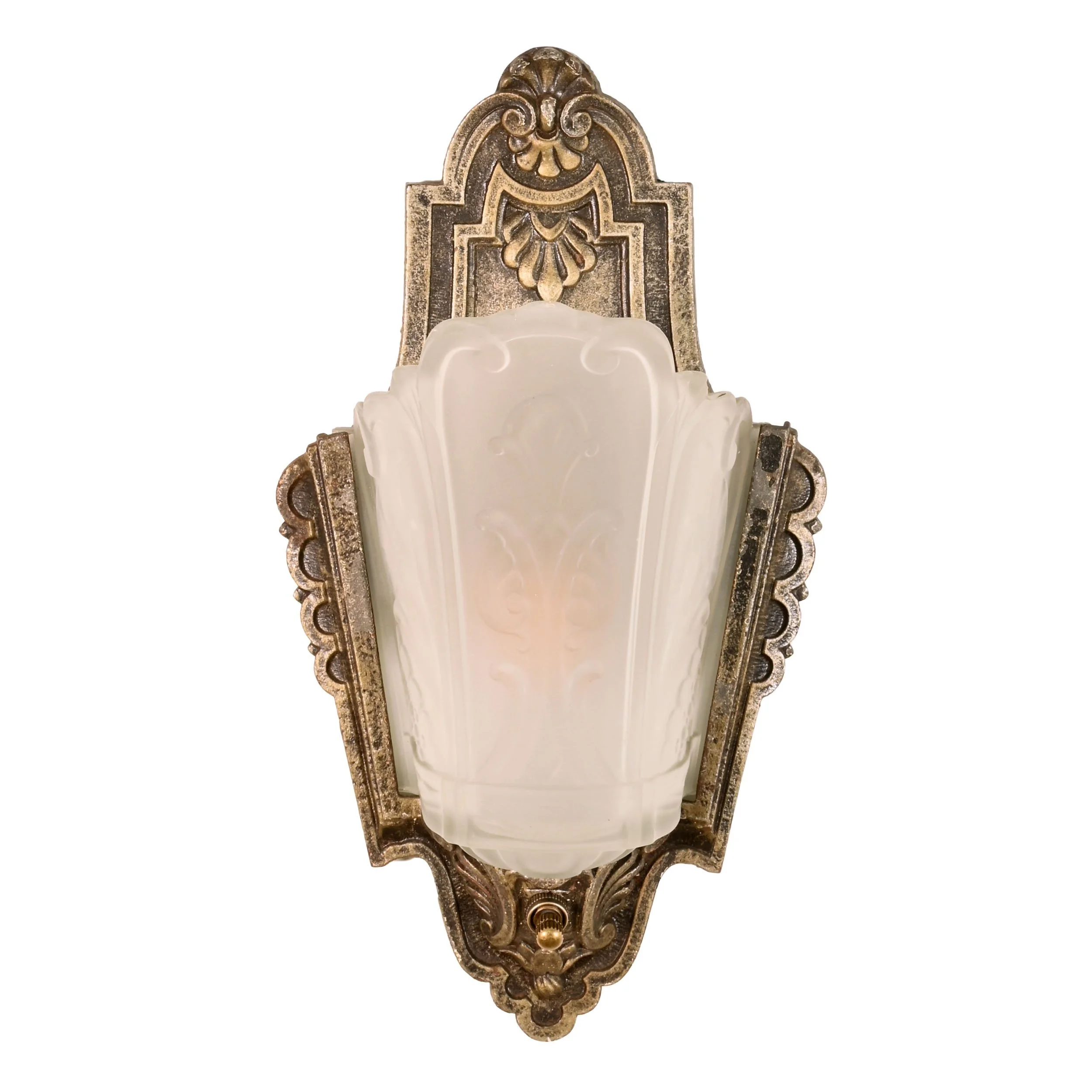 24194+cast+iron+art+deco+slip+shade+sconce+with+frosted+shade+1.jpg