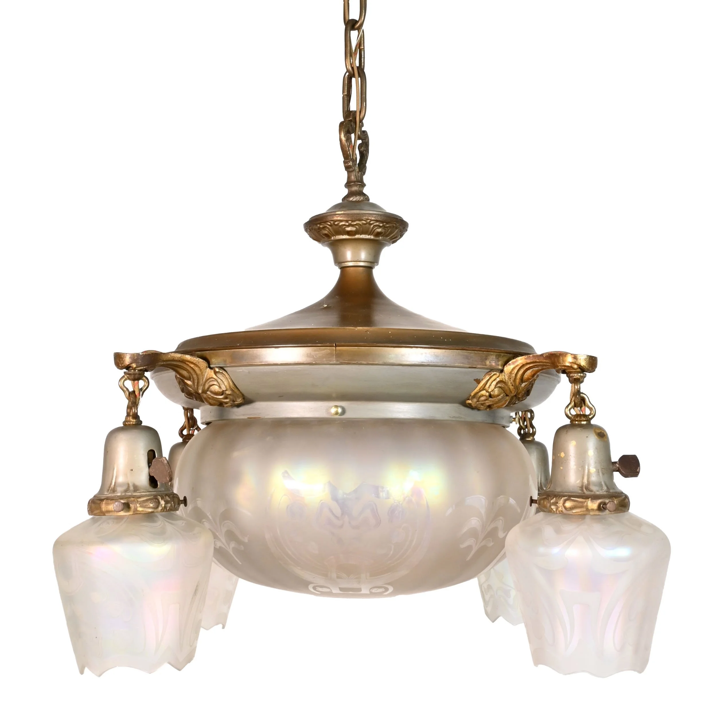 24199+art+nouveau+two+tone+chandelier+with+iridescent+bowl+and+four+matching+shades+3.jpg