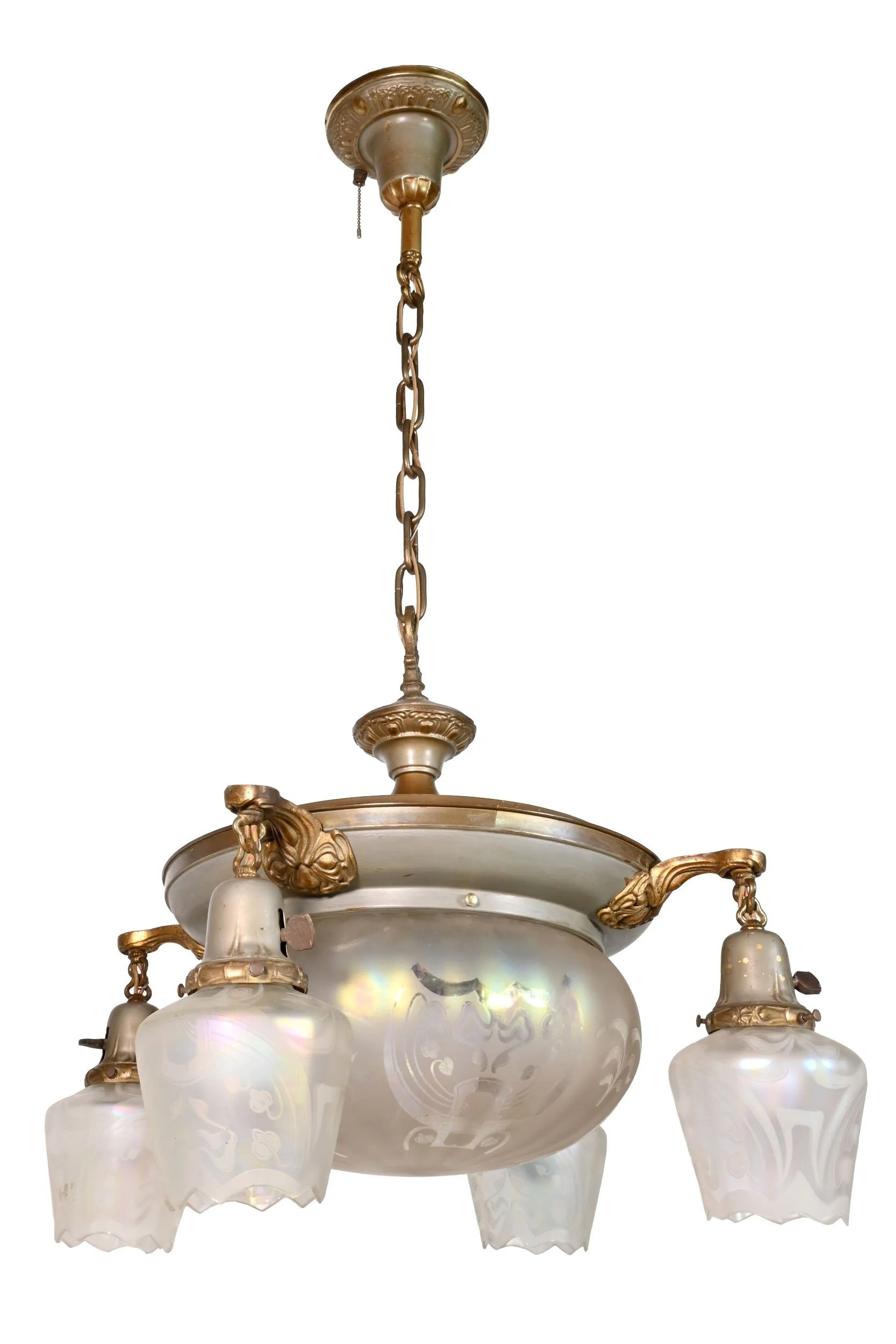 24199+art+nouveau+two+tone+chandelier+with+iridescent+bowl+and+four+matching+shades+4.jpg
