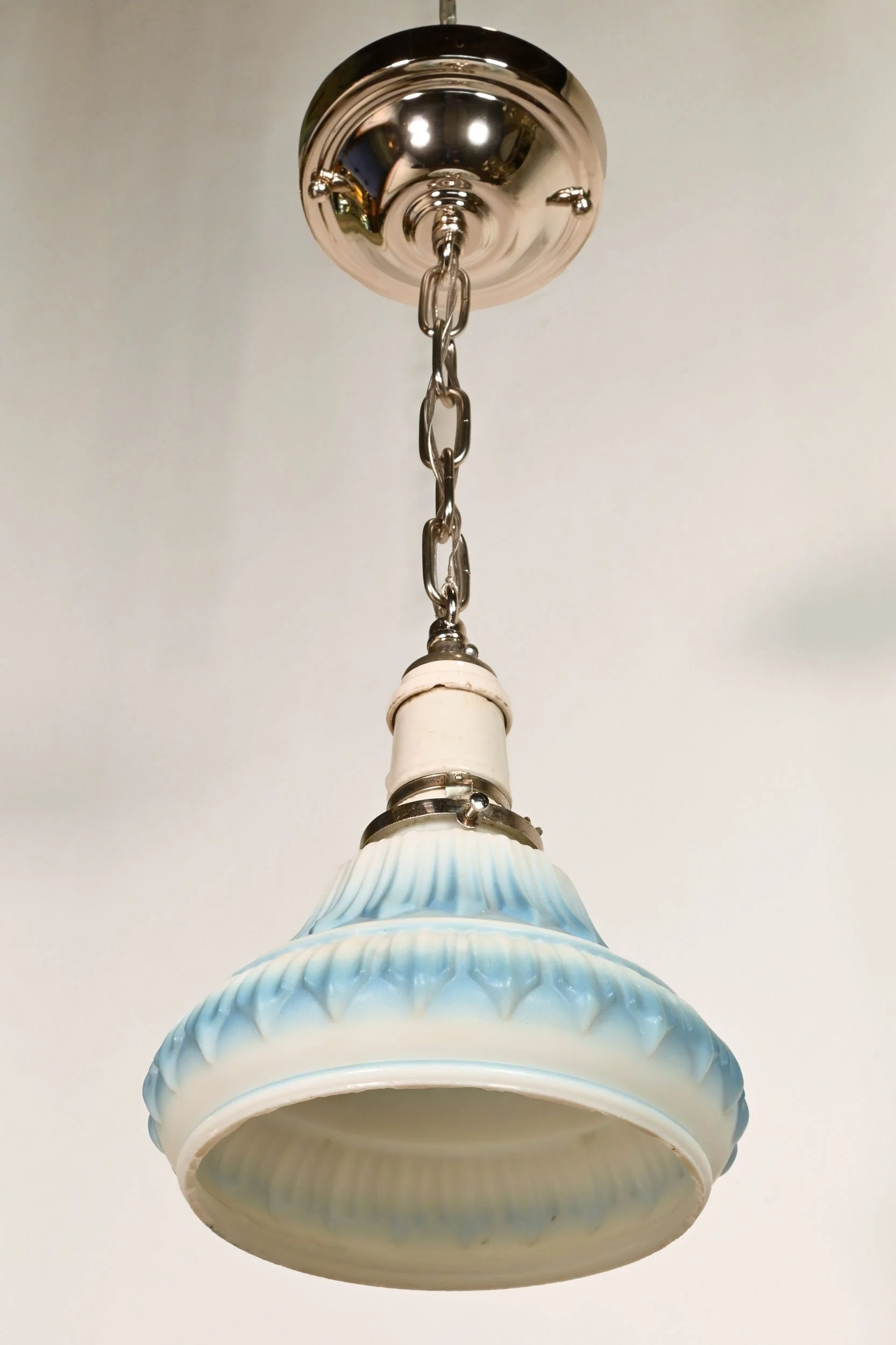 24223+bklue+and+white+deco+shade+on+nickel+pendant+with+antique+porcelain+socket+3.jpg