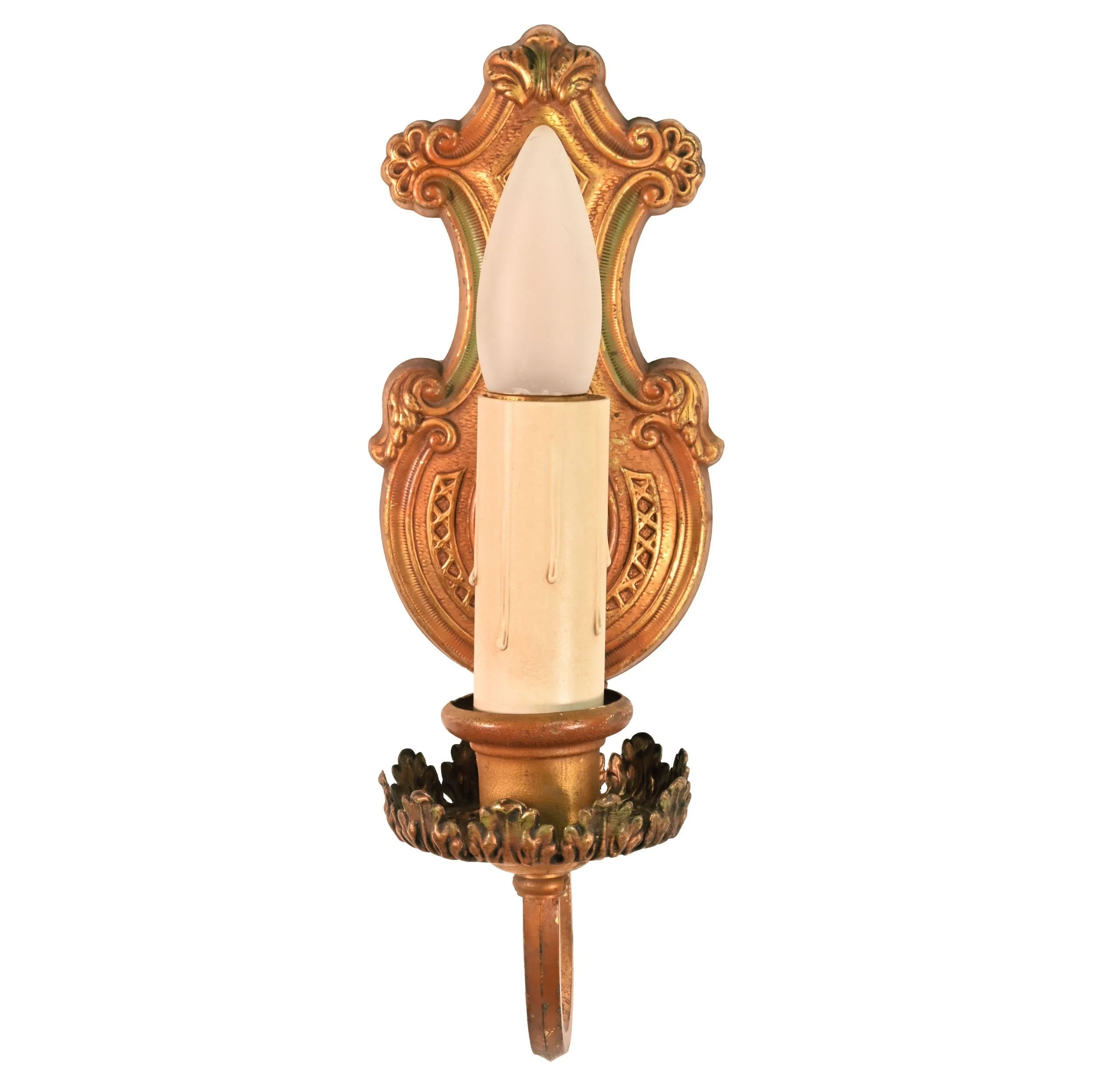 24060+stamped+brass+single+candle+polychrome+sconce+pair+with+green+detail+1.jpg