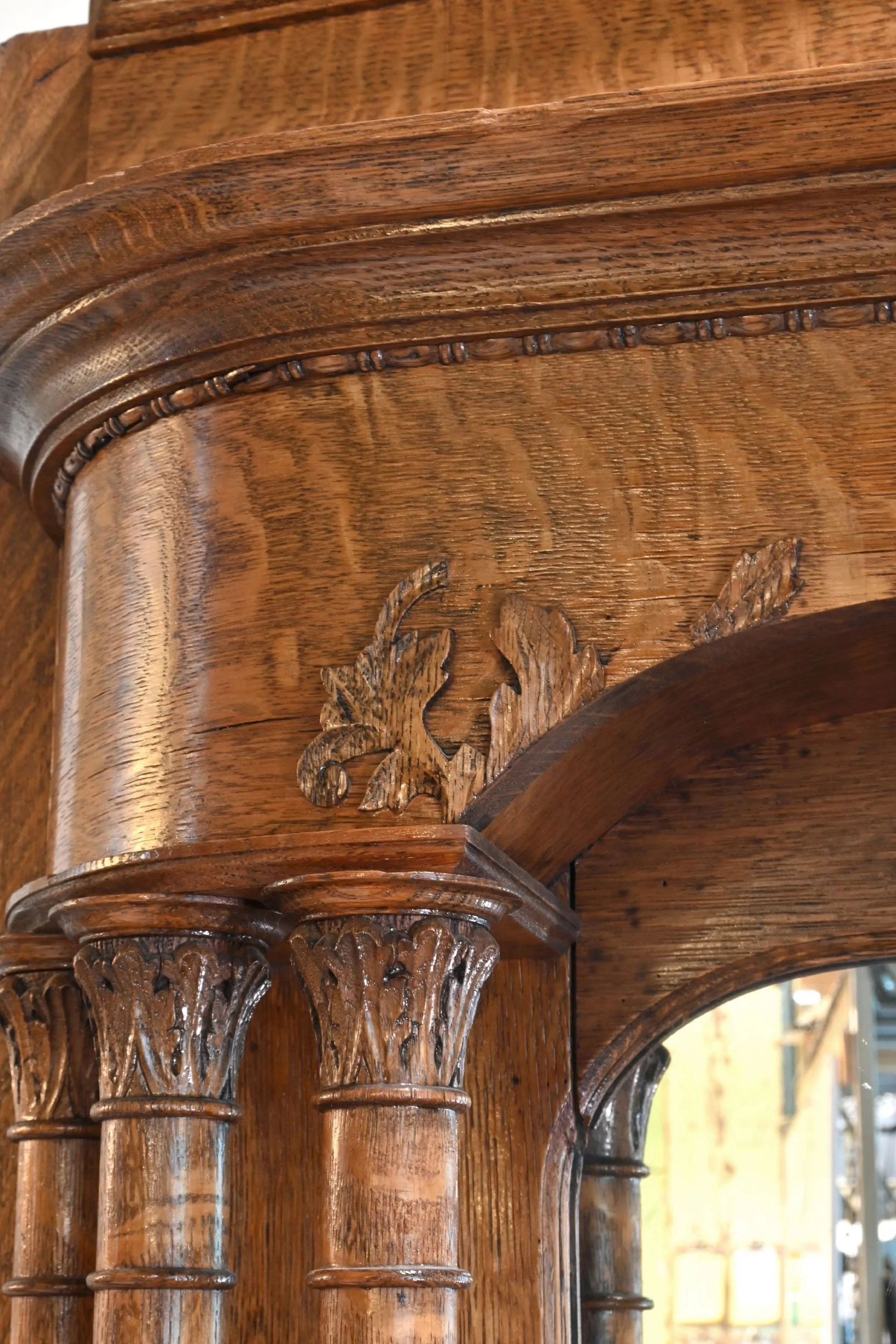 24473+ornate+quartersawn+oak+full+height+mantel+with+petite+columns+and+mirror+5.jpg
