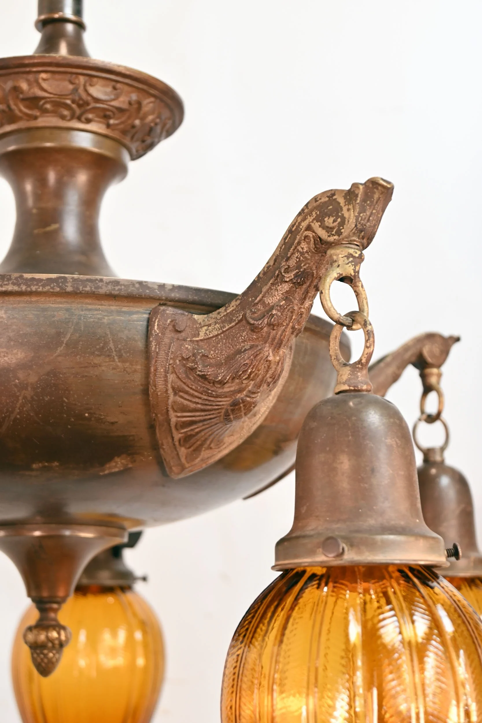 24483+tall+brass+art+nouveau+five+light+pan+chandelier+with+amber+glass+floral+shades+2.jpg
