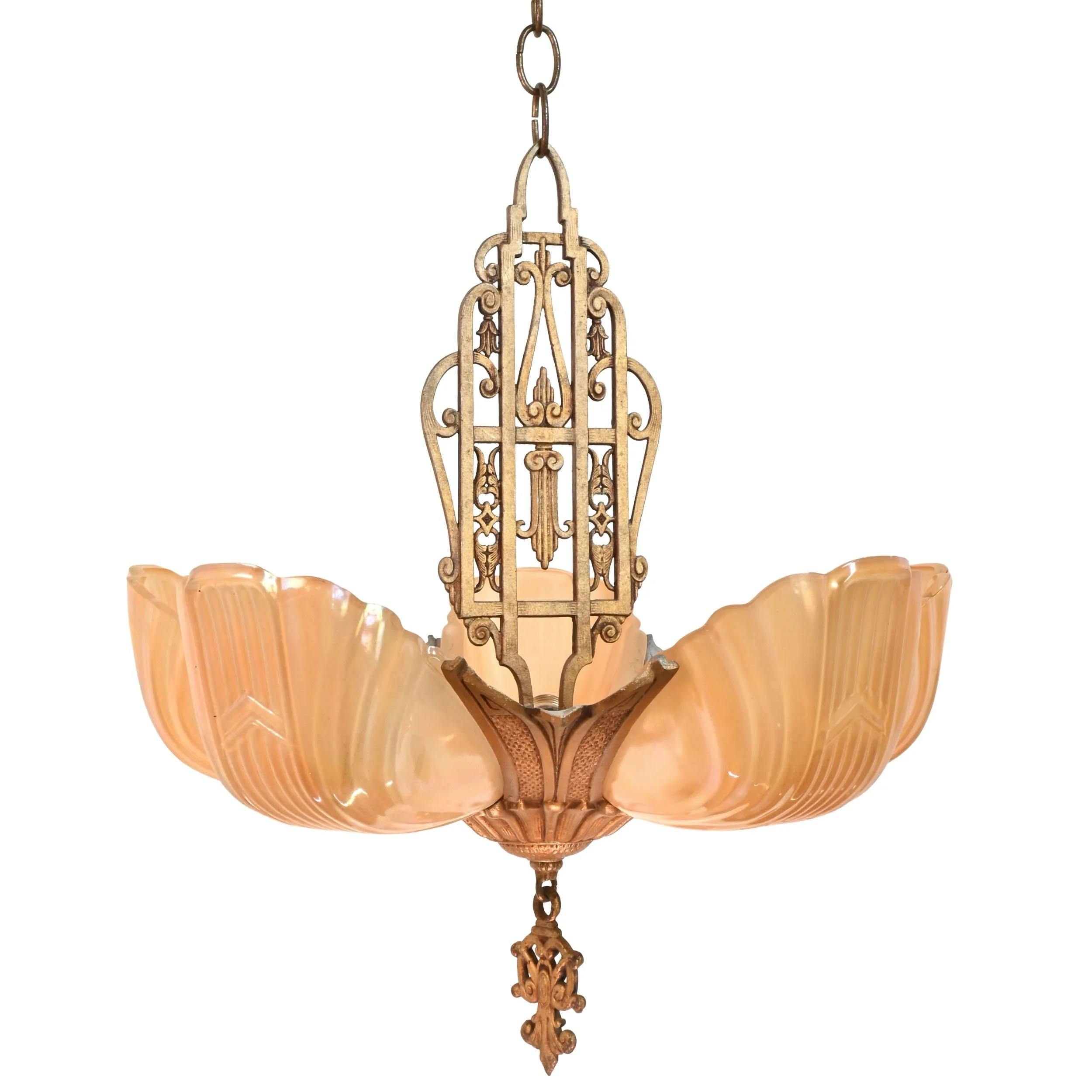 24746A+%28B+slightly+lighter+color%29+five+shade+gilt+finish+deco+chandelier+with+amber+glass+slip+shades+1.jpg