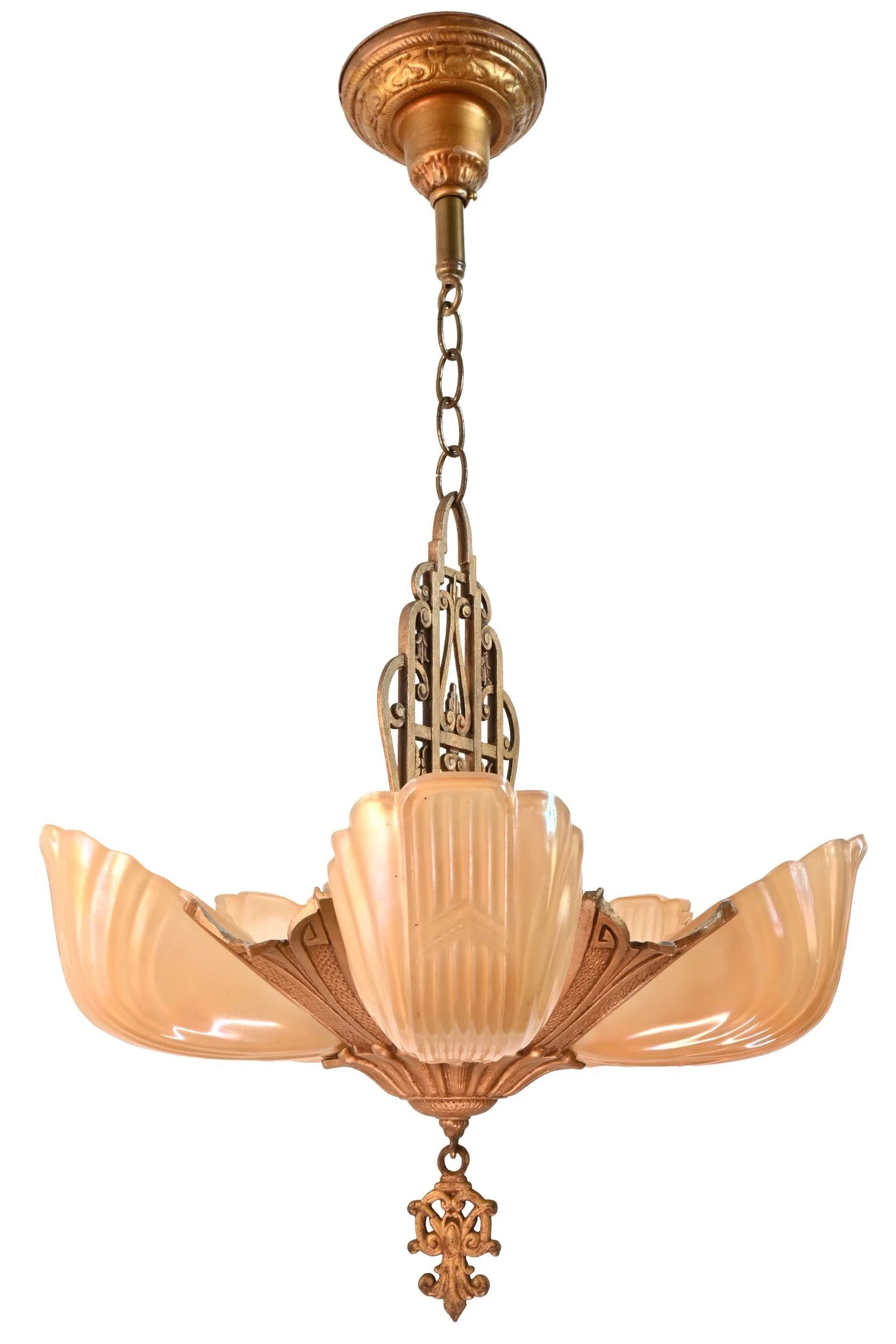 24746A+%28B+slightly+lighter+color%29+five+shade+gilt+finish+deco+chandelier+with+amber+glass+slip+shades+3.jpg