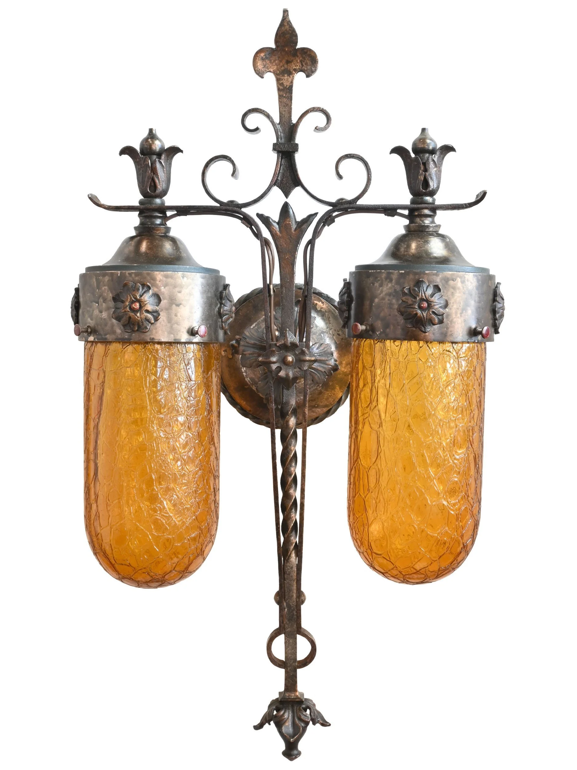 26008+hammered+brass+and+iron+tudor+sconce+with+amber+crackle+glass+shades+1.jpg