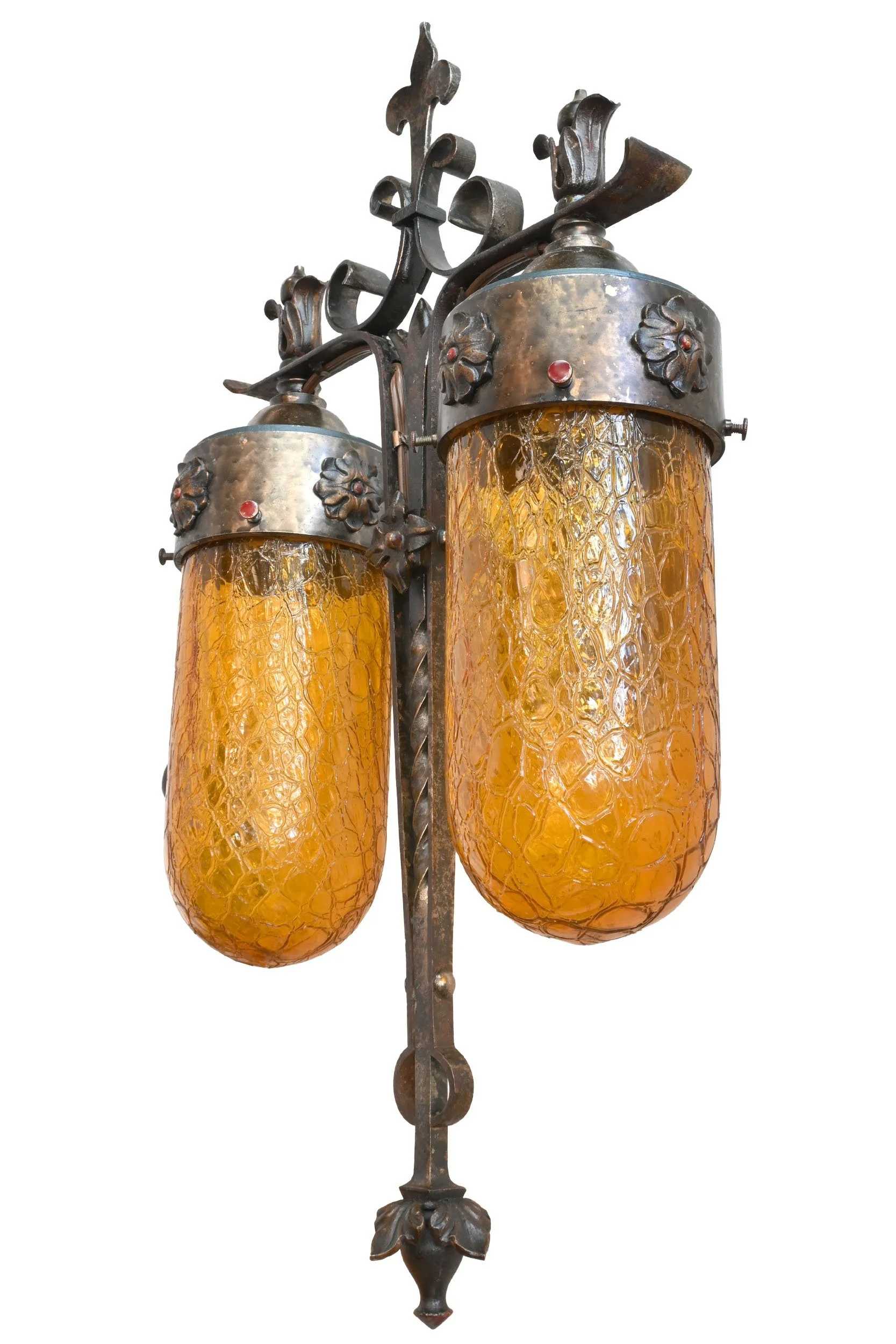 26008+hammered+brass+and+iron+tudor+sconce+with+amber+crackle+glass+shades+2.jpg