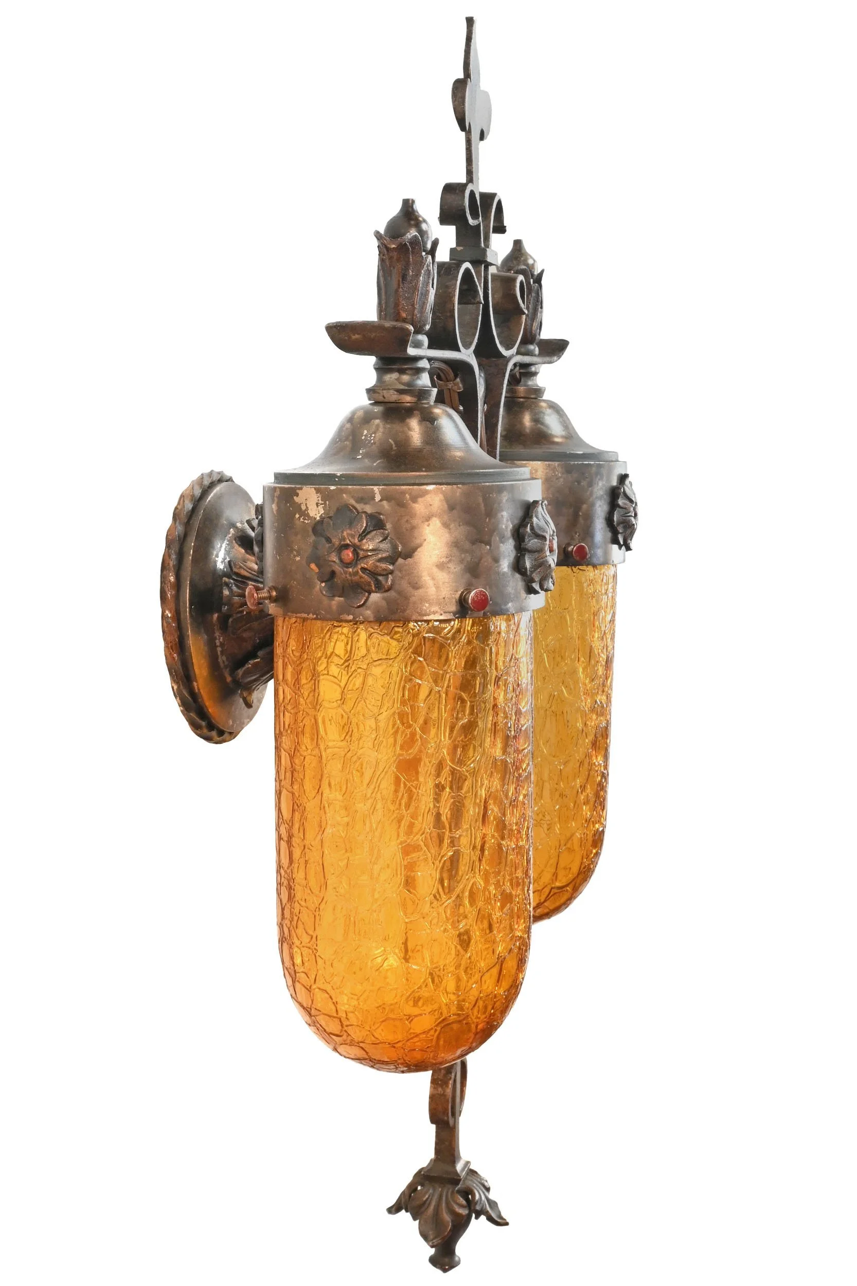 26008+hammered+brass+and+iron+tudor+sconce+with+amber+crackle+glass+shades+3.jpg