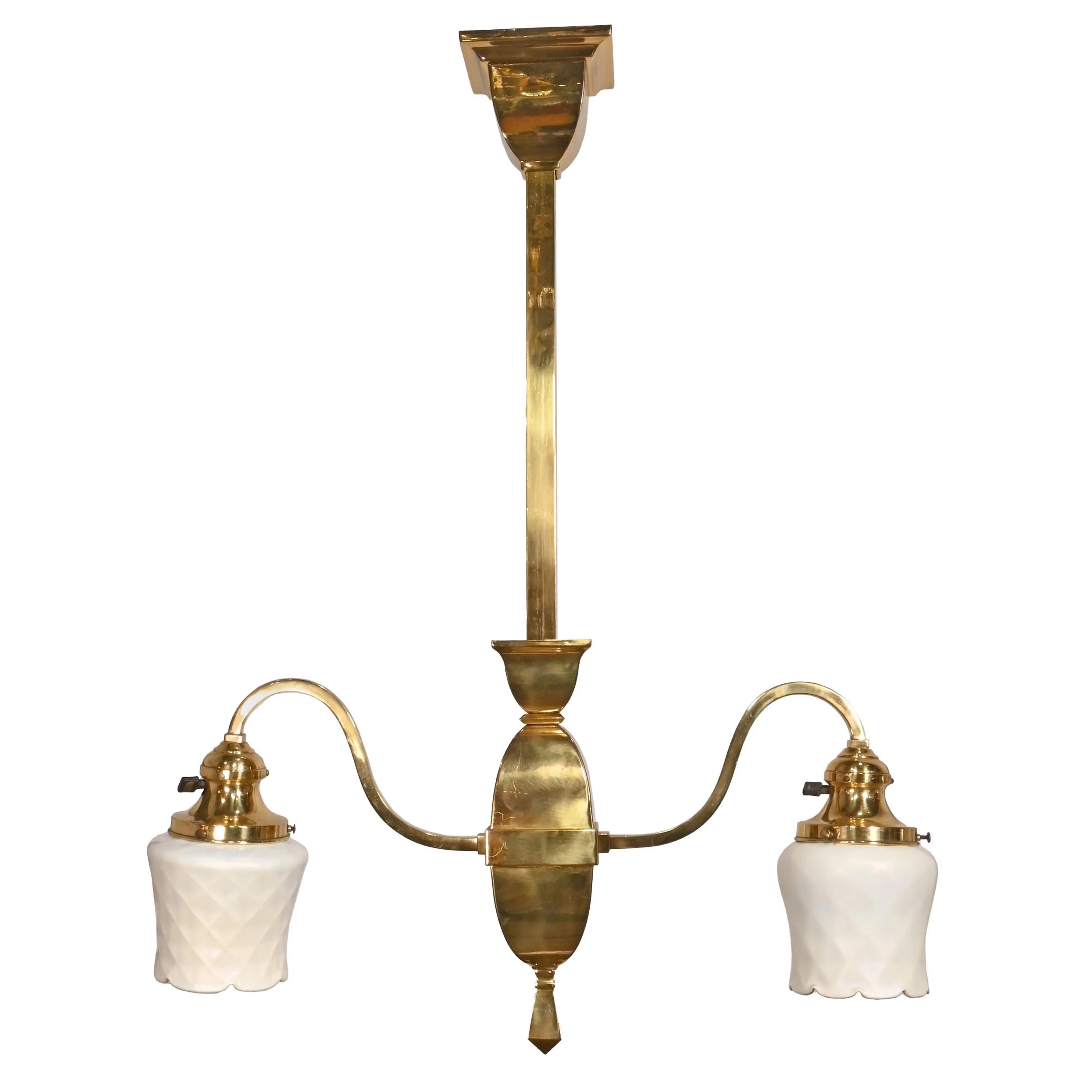 26121+polished+brass+arts+and+crafts+pendant+with+quilted+quezal+shades+1.jpg