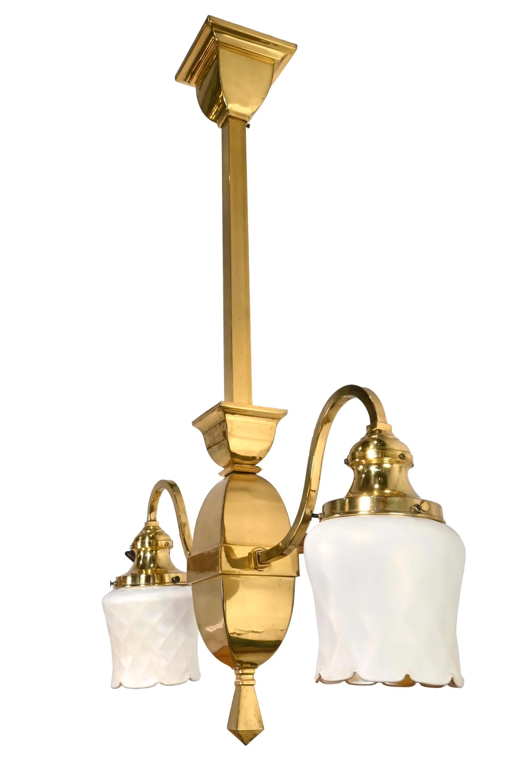 26121+polished+brass+arts+and+crafts+pendant+with+quilted+quezal+shades+2.jpg