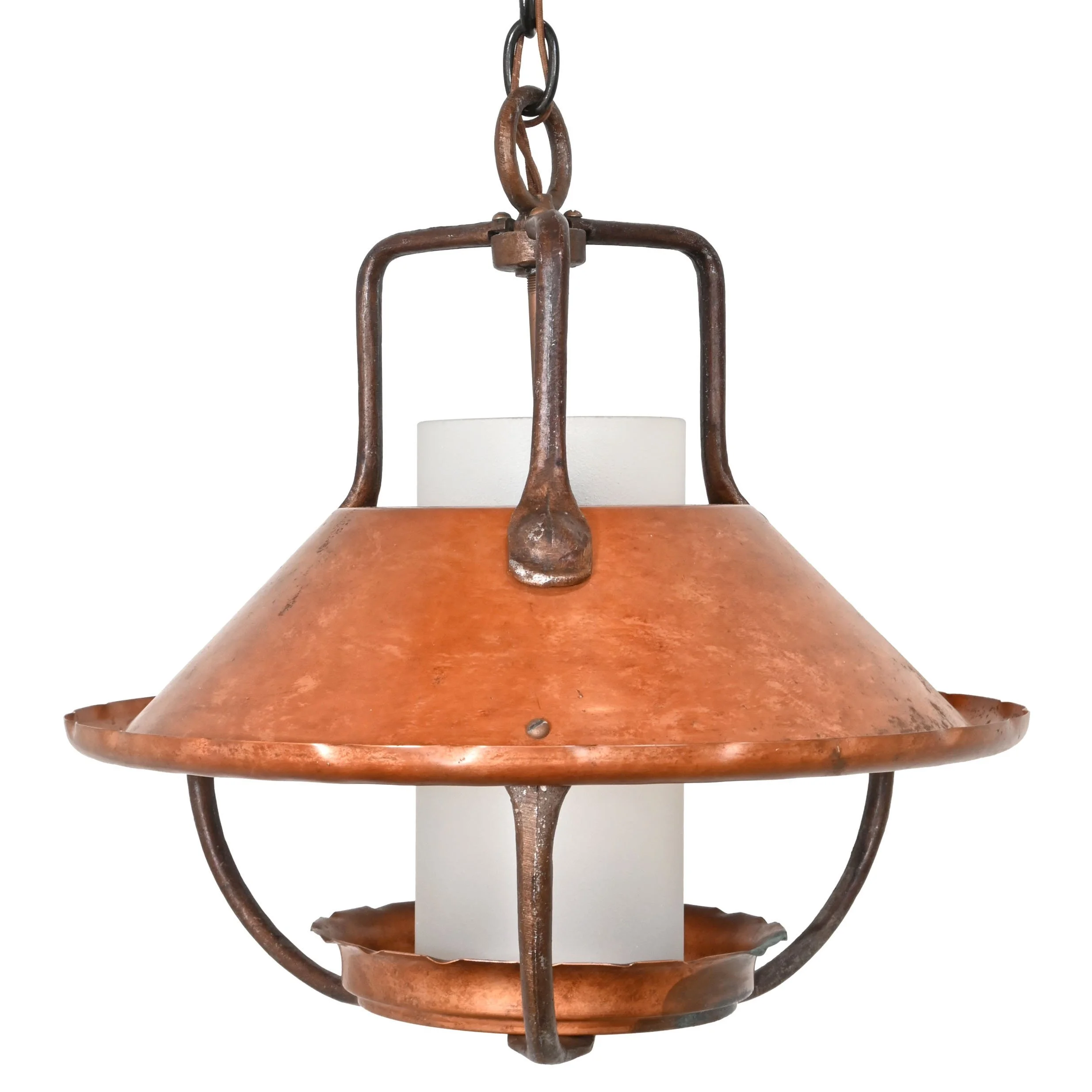 26123+hammered+copper+and+gilt+iron+pendnant+with+frosted+glass+cylinder+1.jpg