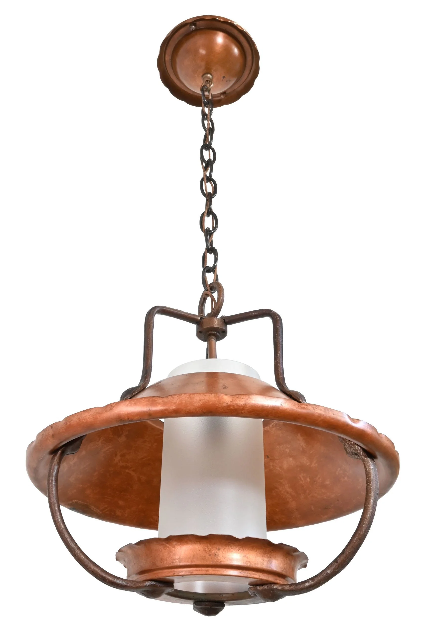 26123+hammered+copper+and+gilt+iron+pendnant+with+frosted+glass+cylinder+3.jpg