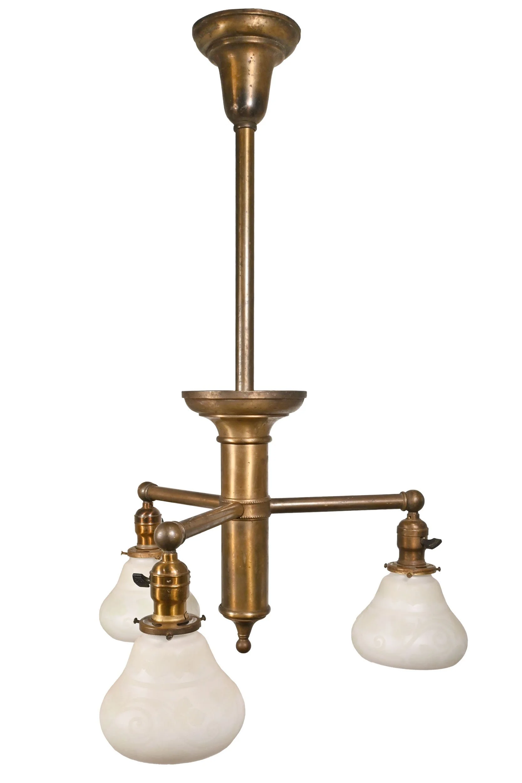 26175+aged+brass+three+arm+chandelier+with+green+and+white+embossed+shades+2.jpg