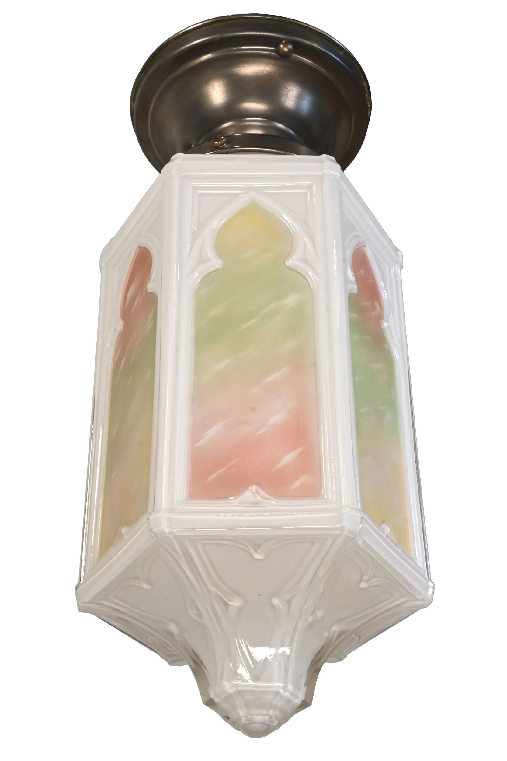 25507+gothic+pink+and+green+hexagonal+shade+on+antique+brass+flushmount+2.jpg